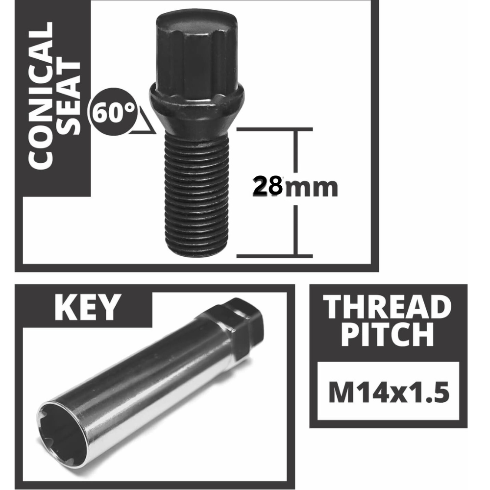 14x1.5mm Black Heat Treated Conical Seat Lug Bolts - 17mm Hex Head (20-Piece Set with Key) - Perfect for Wheel Installation & Automotive Repairs