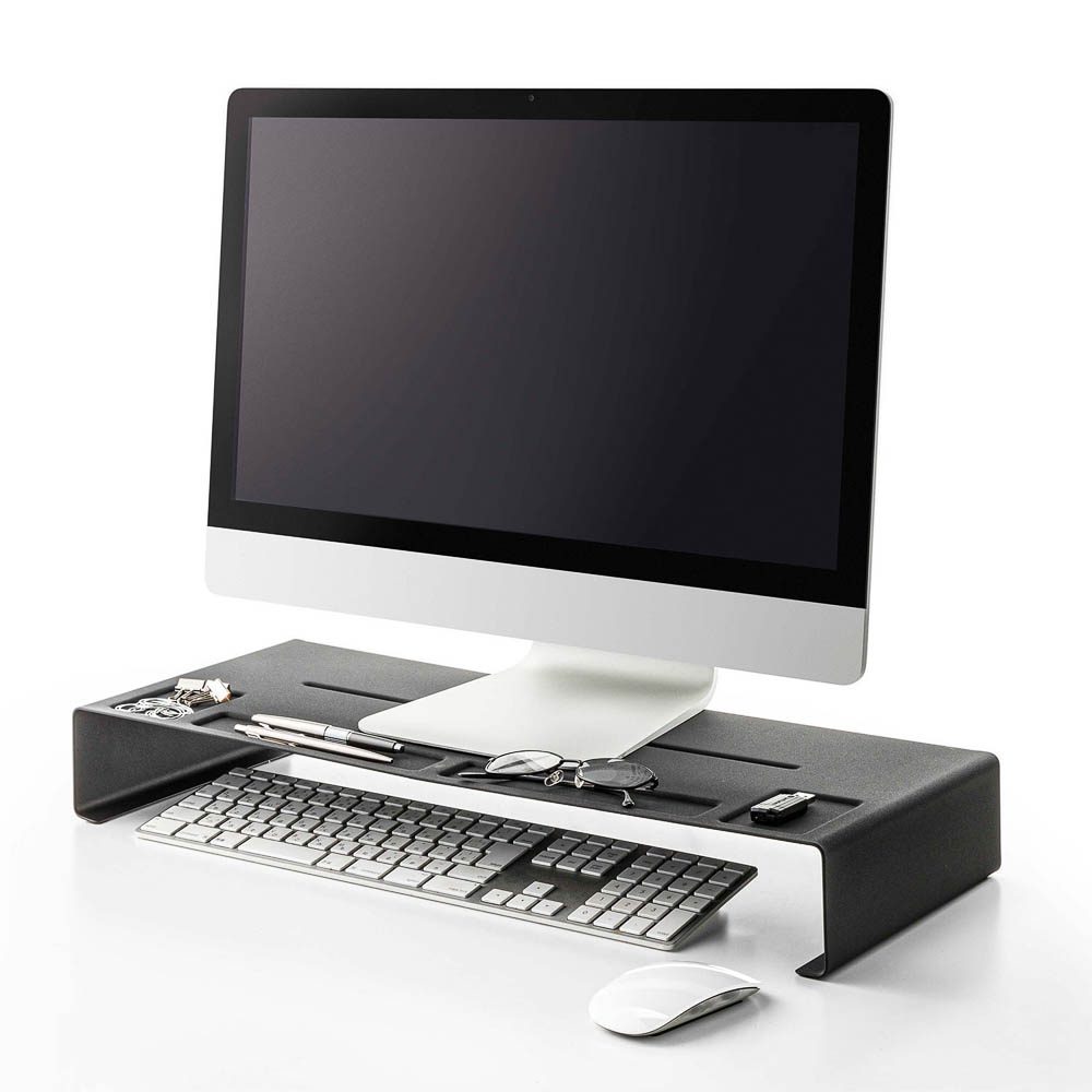 YAMAZAKI Black Monitor Stand Riser with Storage Shelf - Ergonomic Computer Desk Organizer for Home Office, Gaming Setup, and Workspace Efficiency