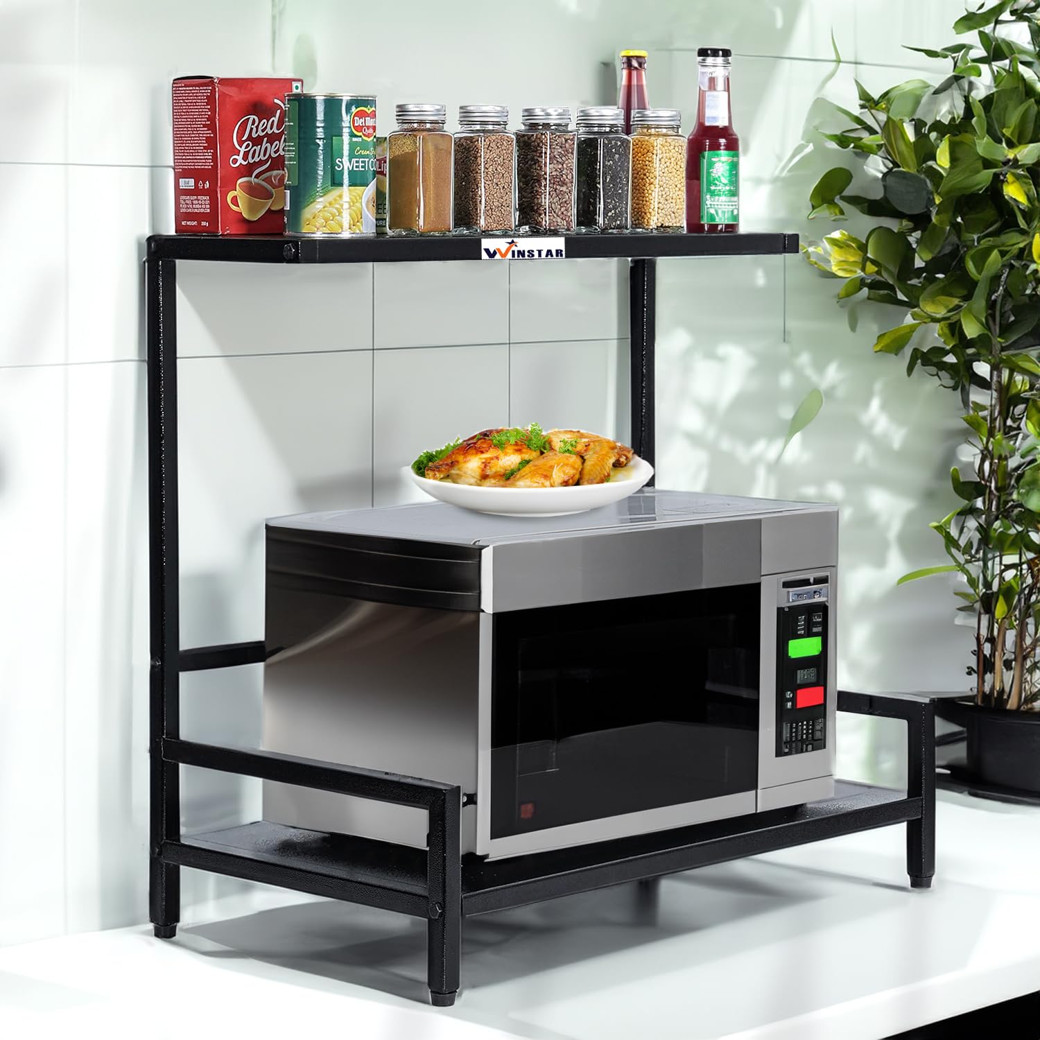 WINSTAR 2-Tier L-Shaped Metal Microwave Stand - Sturdy Kitchen Counter Organizer for Microwave & OTG Oven - Space Saving Double Shelf Storage Rack - Perfect for Small Kitchens & Apartments (No Wheels)