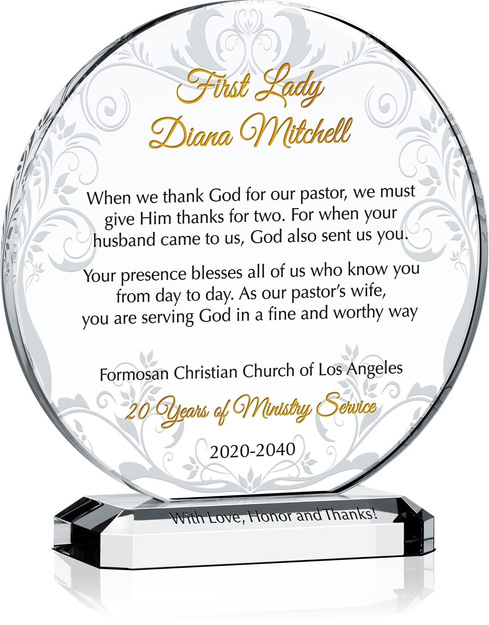Personalized Crystal Pastor's Wife Thank You Gift Plaque - Custom First Lady & Church Name Engraved - Unique Christian Appreciation Gift for Women - Perfect for Mother's Day, Christmas & Ministry Events - 6.5 Inch Elegant Keepsake for Spiritual Leaders