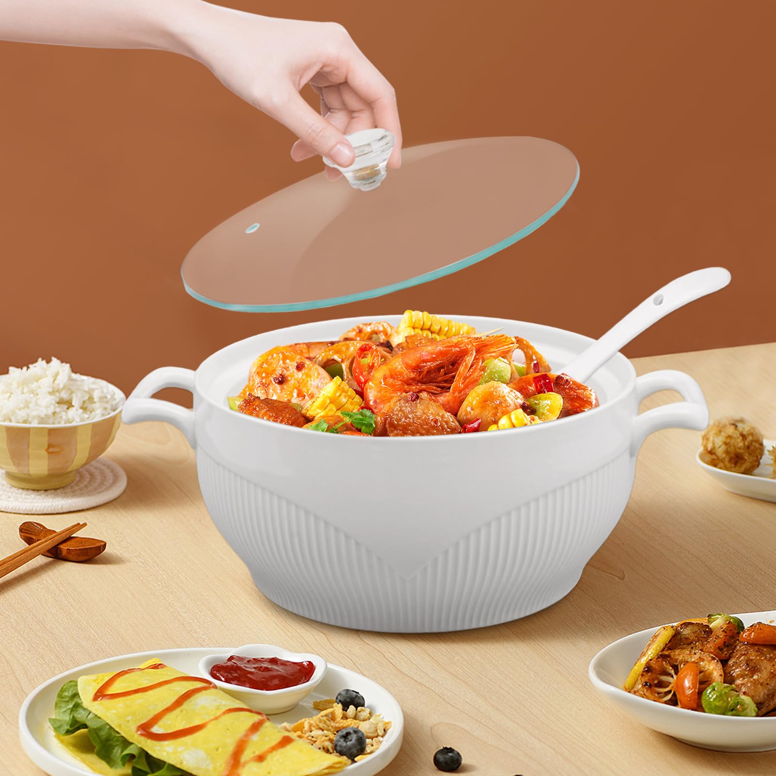 Premium White Porcelain Soup Tureen with Glass Lid - 8.54 Inch Ceramic Serving Bowl for Restaurants & Home Kitchens - Elegant Tableware for Soups, Stews & Decorative Serving