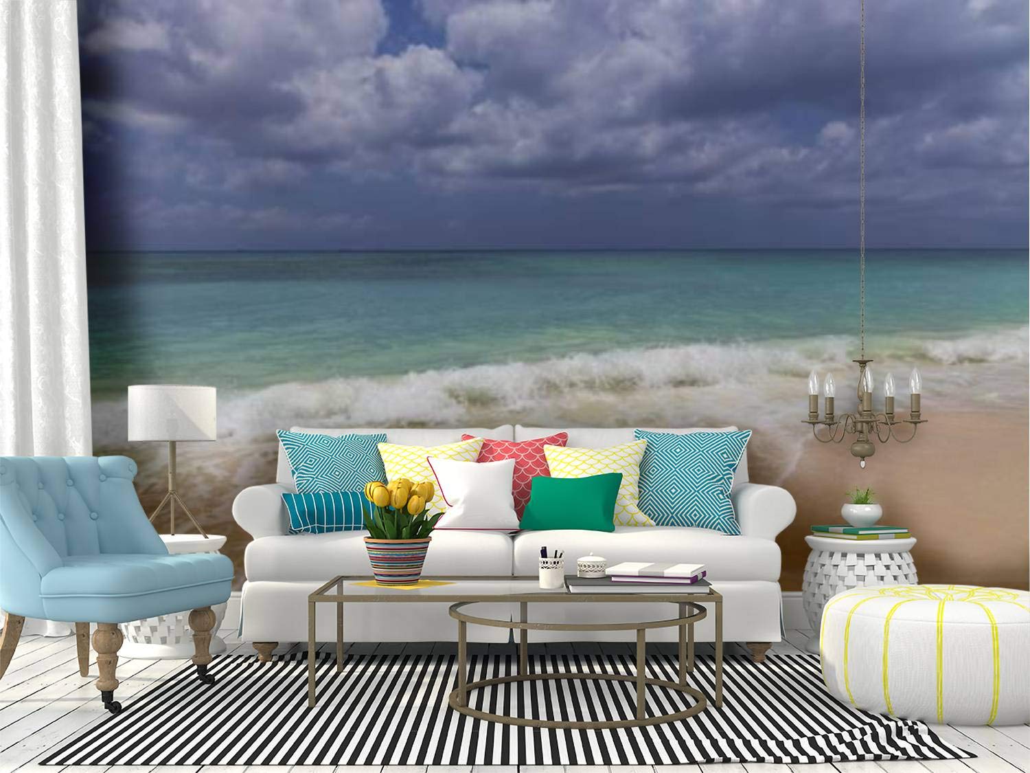 RECETHROWS Peel and Stick Wallpaper - Amazing Caribbean Sea Beach at Eagle Beach Aruba Island - Self-Adhesive Removable Vinyl Wall Mural for Home Decor - Perfect for Living Room, Bedroom, Nursery & Office Walls