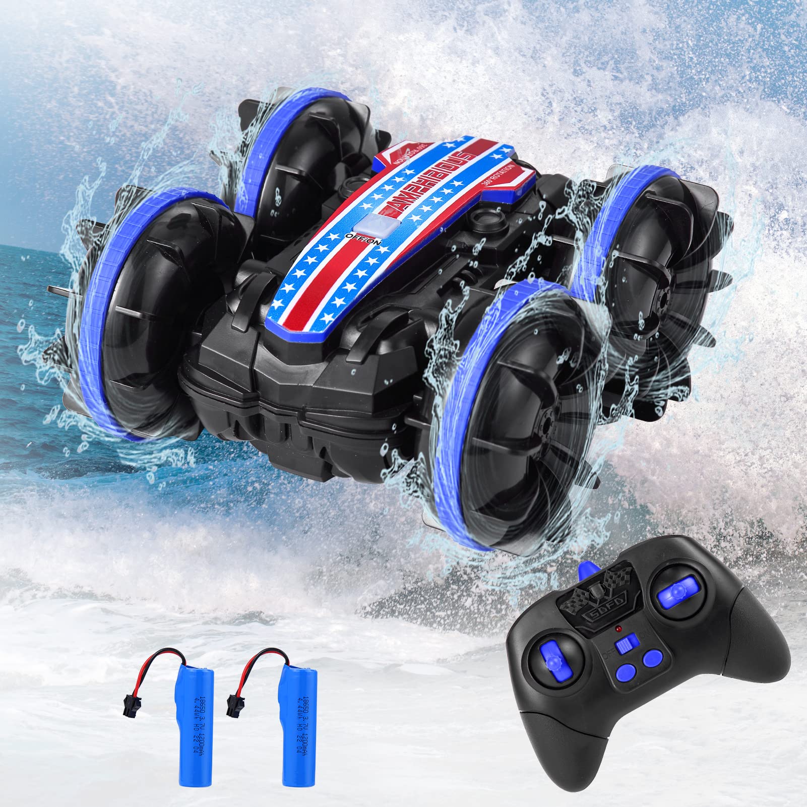 **Acekid Amphibious Remote Control Car - 2.4GHz 360° Rotating IPX7 Waterproof 4WD Stunt RC Vehicle with Dual 1200mAh Batteries - Perfect Gift for Kids Ages 3-12 - Ideal for Pool, Beach & Outdoor Play**