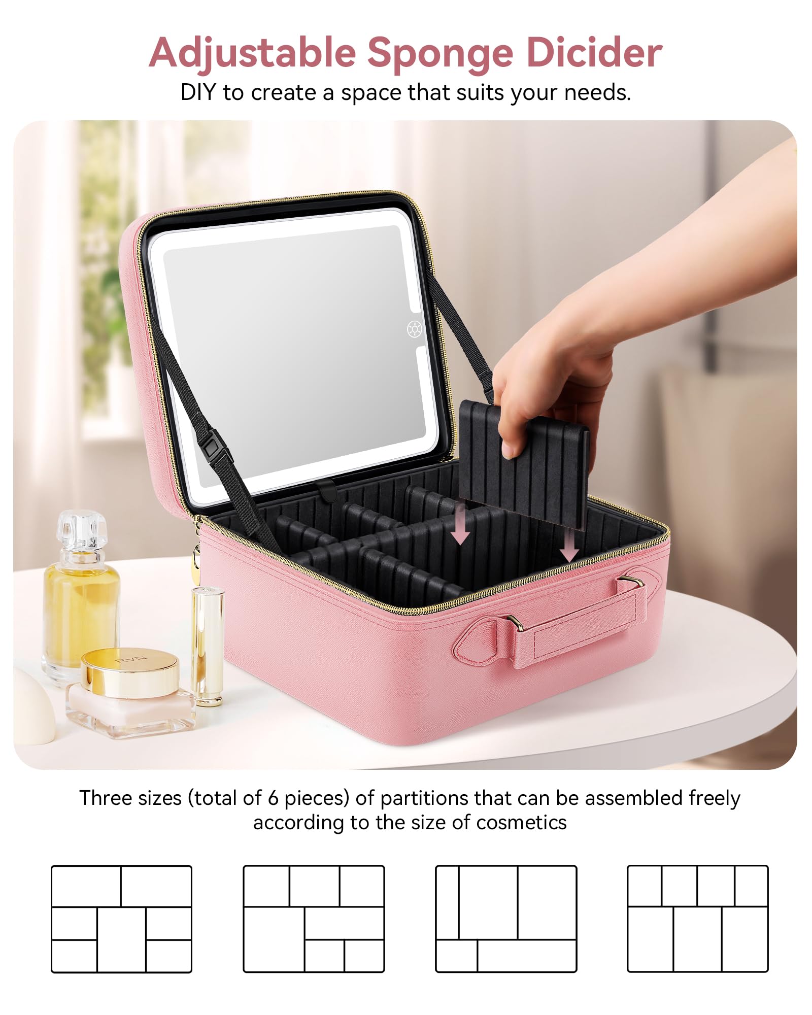 JUSRON LED Travel Makeup Bag - Pink Large for Artists & Travel