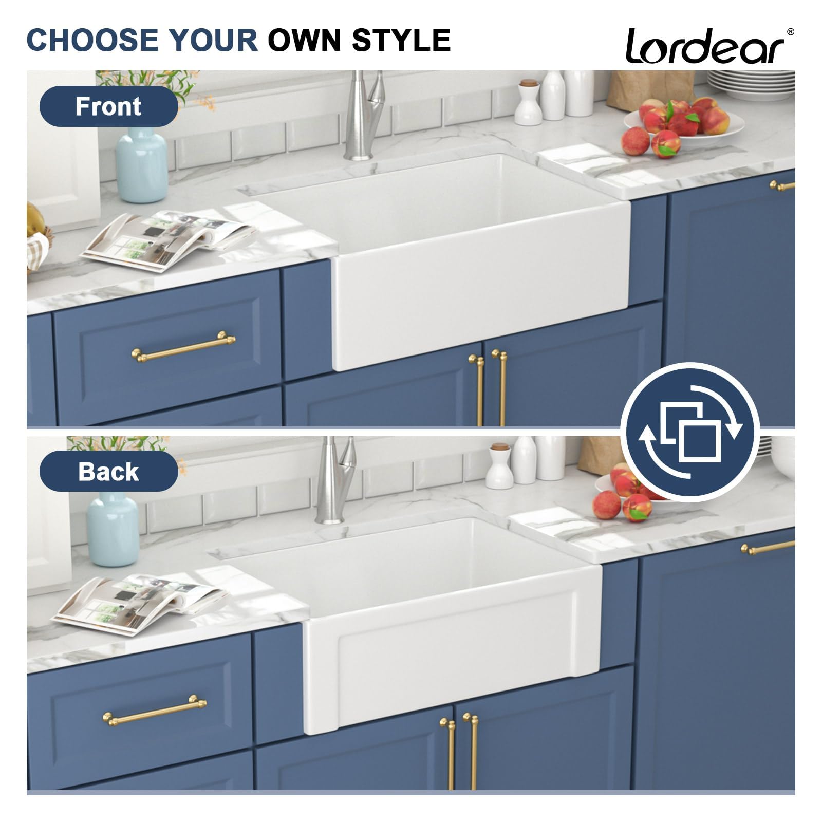Lordear 30-inch White Farmhouse Kitchen Sink - Fireclay Ceramic Apron-Front Single Bowl Reversible Design for Modern Farmhouse & Rustic Kitchens | Perfect for Cooking, Baking & Entertaining