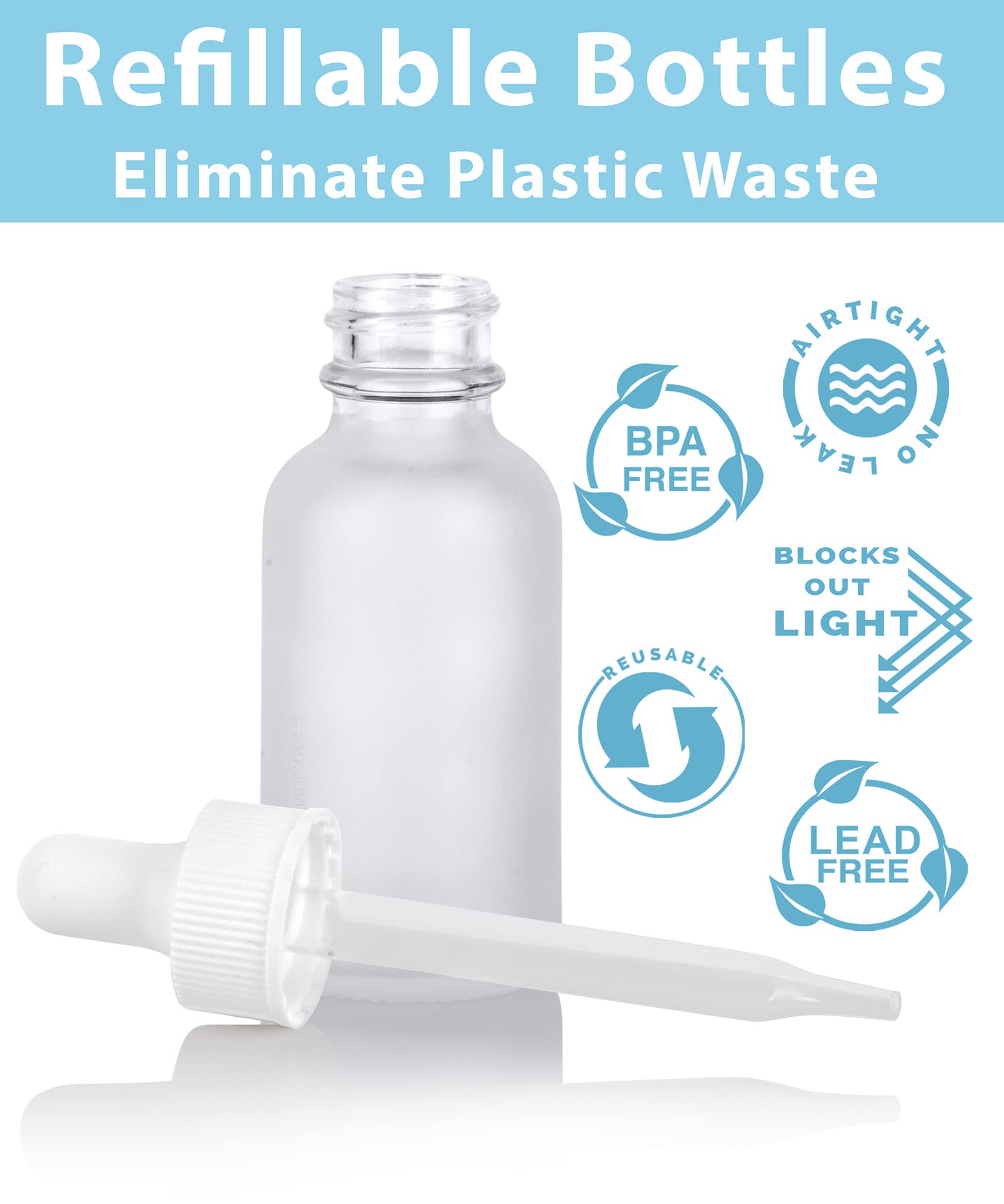 JUVITUS 2 oz Frosted Clear Glass Boston Round White Dropper Bottles (24 Pack) with Funnel - Essential Oil, CBD, DIY Skincare & Travel-Sized Storage Solution