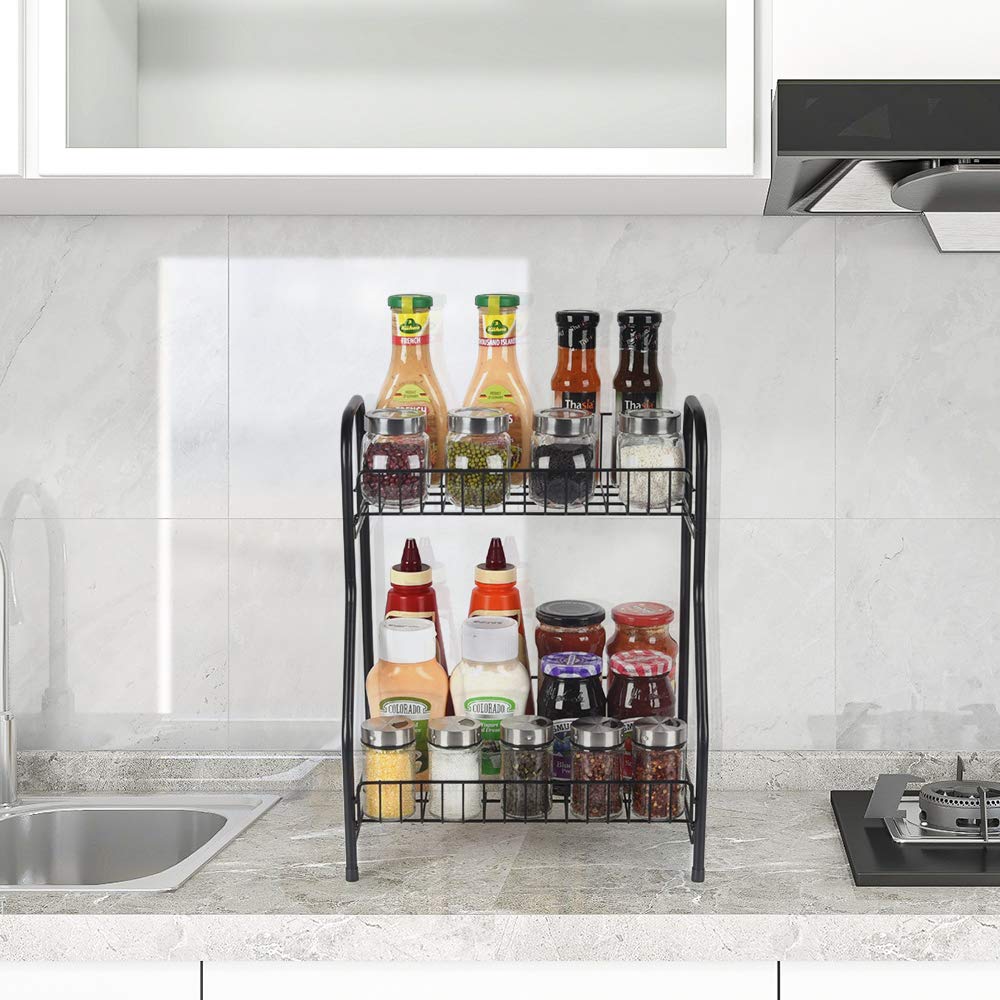 2-Tier Spice Rack Organizer - Countertop Storage Shelf for Kitchen & Bathroom - Holds Spice Jars, Sauce Bottles, Cans (Black) - Perfect for Pantry Organization, Small Space Storage & Countertop Decor