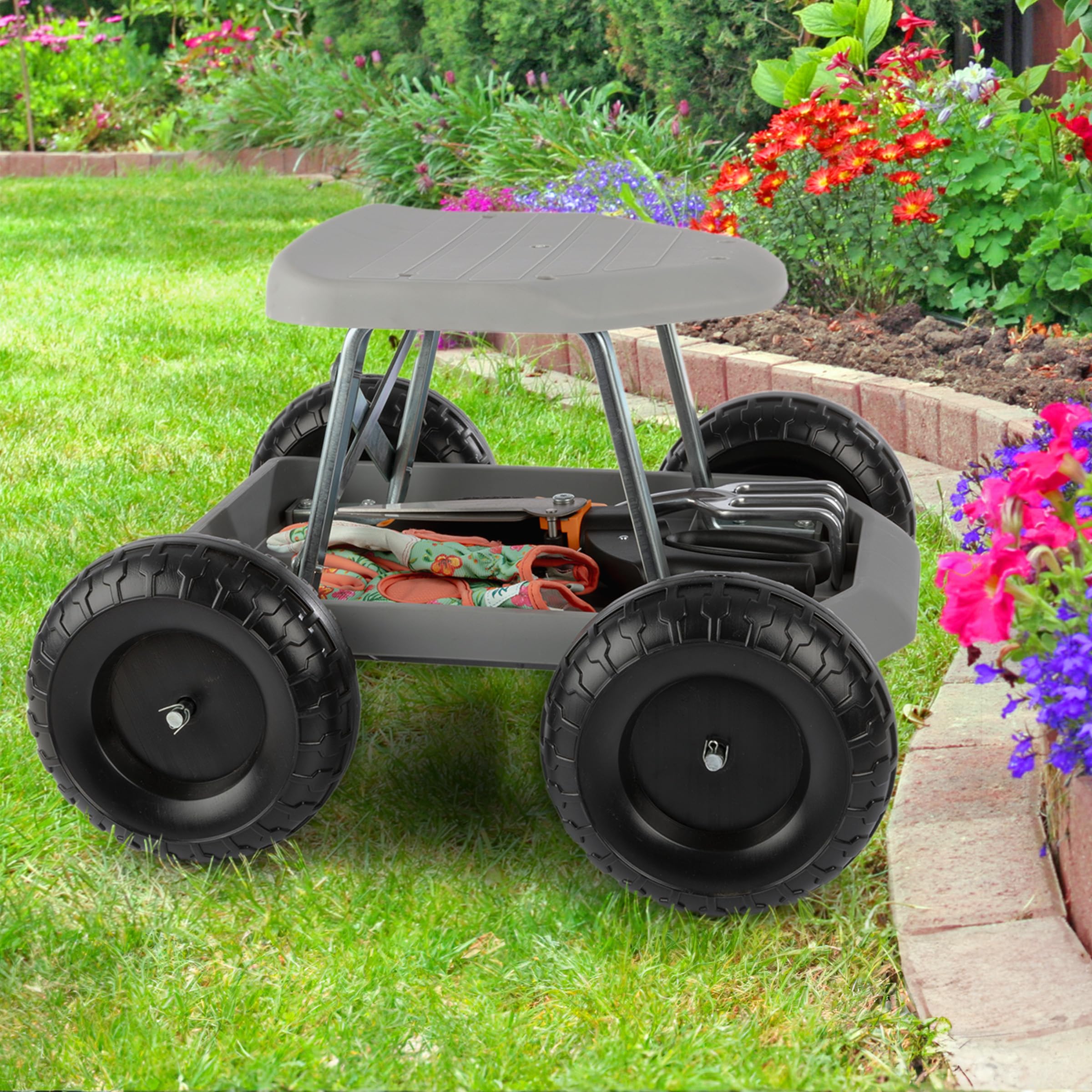 **Pure Garden Rolling Gardening Stool with Wheels & Storage Tool Tray - Foldable Garden Seat Cart for Outdoor Planting, Weeding & Yard Work - Durable Gray Garden Scooter for Seniors & Gardeners**