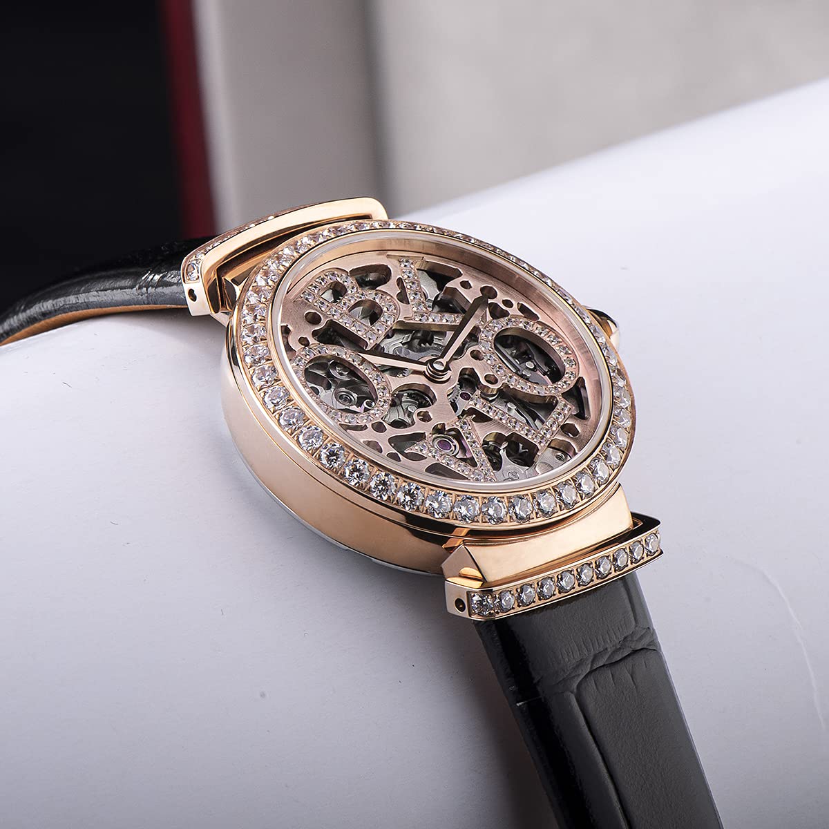 Luxury Women's Rose Gold Automatic Watch with Skeleton Dial - Genuine Leather Strap - Elegant Dress Watch for Business, Party & Special Occasions