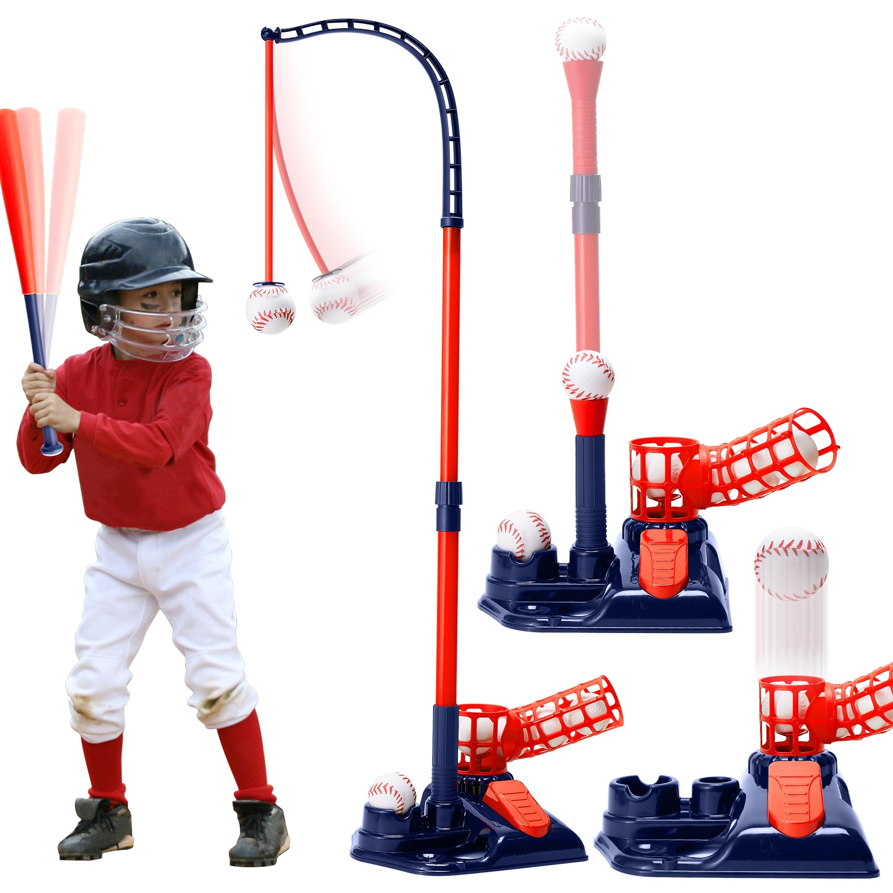 Adjustable 3-in-1 Kids Tee Ball Set with Auto Pitching Machine, T-Ball Stand & 6 Softballs - Perfect for Indoor/Outdoor Baseball Training for Boys & Girls Ages 3-8 (Blue) | Great for Backyard Practice, Birthday Gifts & Youth Sports Development