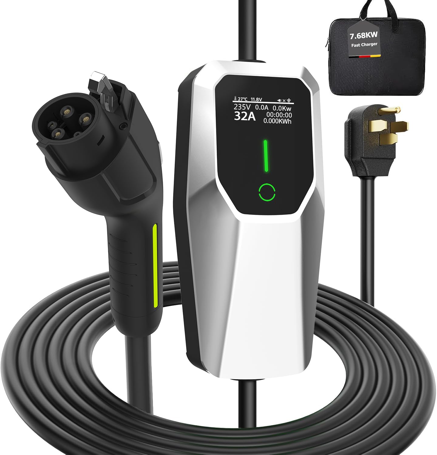 Portable Level 2 EV Charger 7.68KW Fast Charging Station with J1772 Connector & NEMA 14-50 Plug | Smart Scheduled Charging | Compatible with All Electric & Hybrid Vehicles | Perfect for Home, Garage & Road Trip Charging
