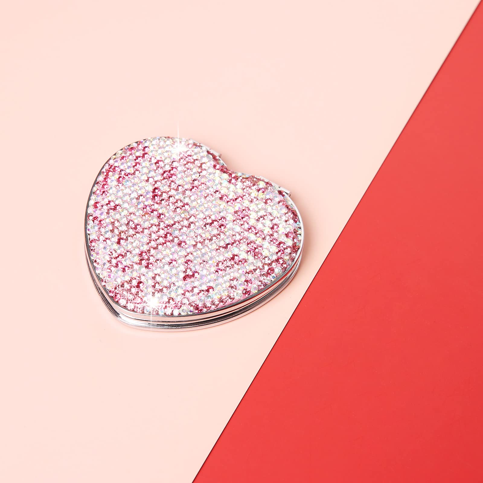 AsAlways Rhinestone Compact Pocket Mirror - Portable Travel Cosmetic Mirror, Folding Handheld Double-Sided 1x/2x Magnifying Purse Mirror for Makeup (Pink) | Perfect for Travel, Home & Office Use