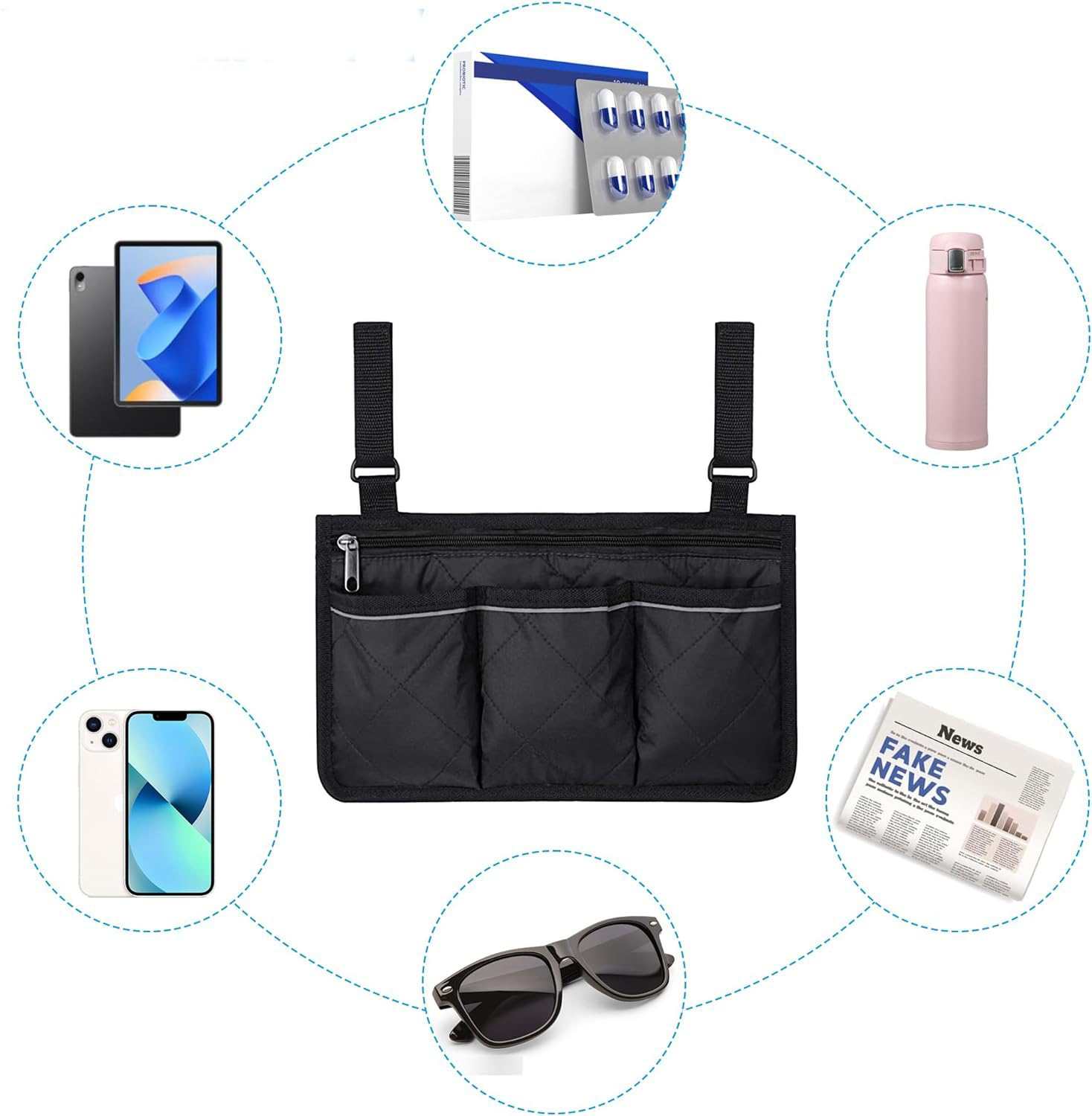 BOBOZHONG Wheelchair Storage Bag - Portable Armrest Organizer with 3 Pockets for Wheelchairs, Strollers & Electric Chairs | Secure Black Accessory for Daily Essentials, Medical Supplies & Personal Items (Black)