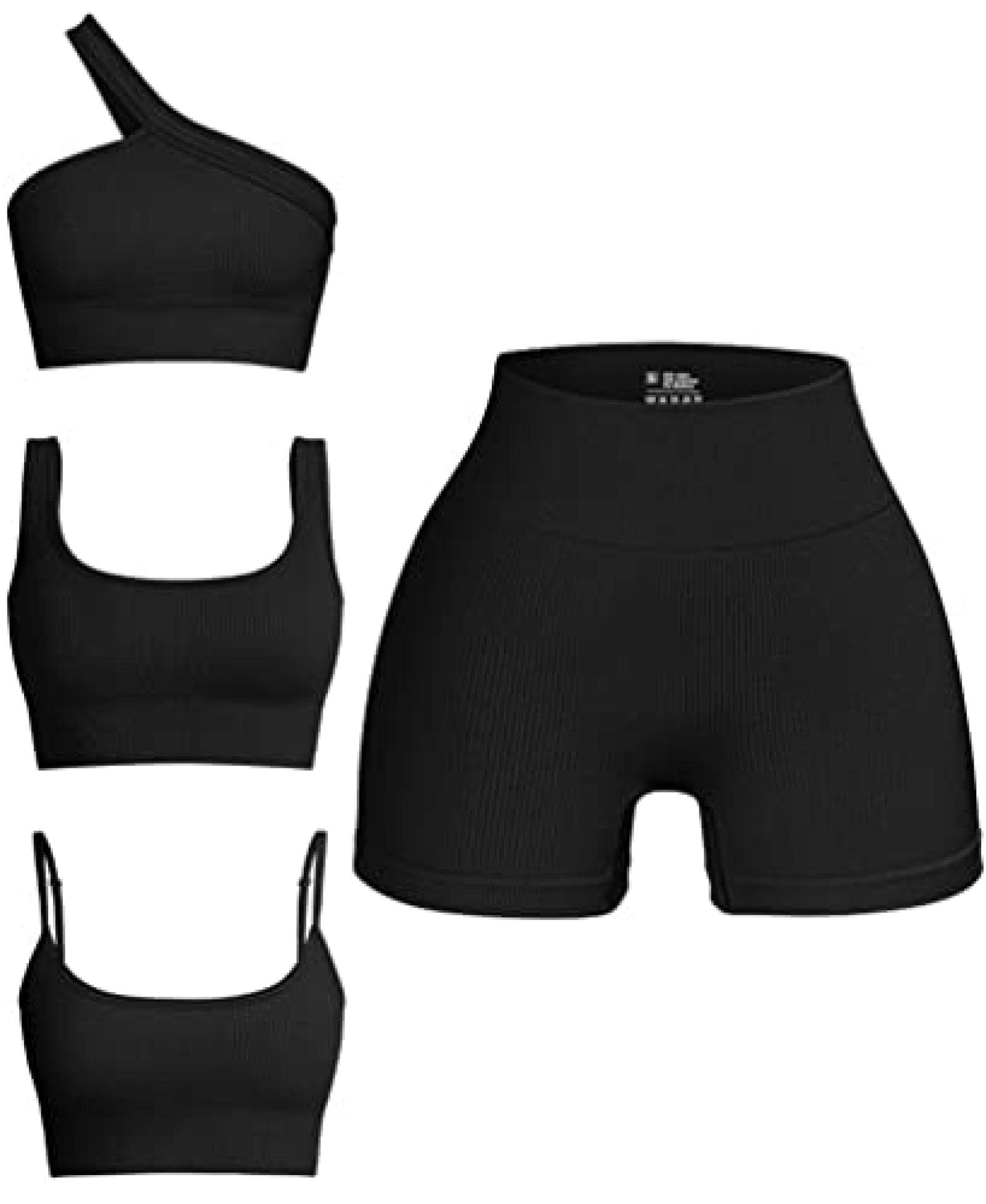 Dervivea OQQ Women's 4-Piece Ribbed Seamless Workout Set - Scoop Neck Sports Bra, One Shoulder Top & High Waist Shorts - Activewear for Yoga, Gym & Running - Large Black