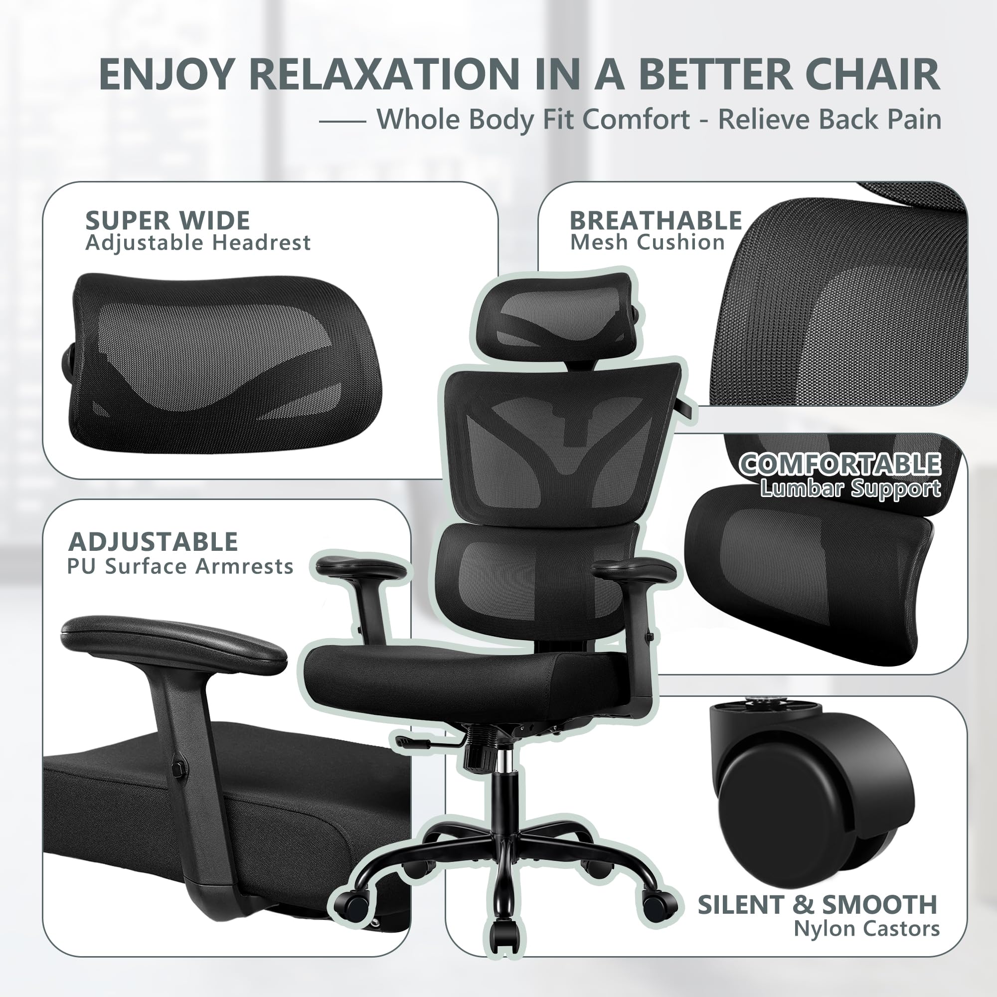 Ergonomic Office Chair with High Back & Lumbar Support - Adjustable Mesh Computer Desk Chair for Big & Tall Users - Reclining Gaming Chair with Breathable Fabric & Armrests - Perfect for Home Office, Gaming Setup, and Long Work Sessions (Black)