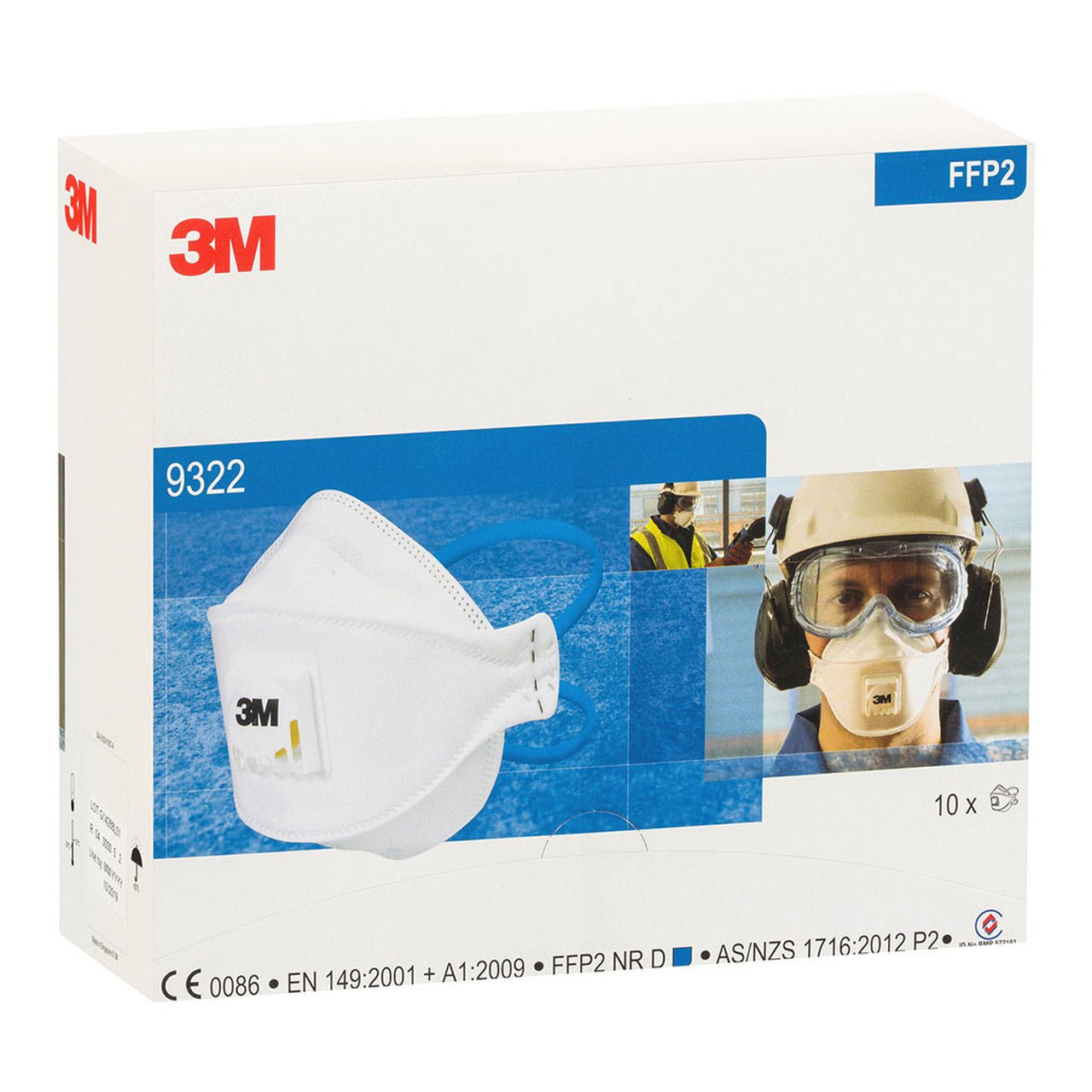 3M Aura 9322A+ Flat Fold P2 Respirator Mask - NIOSH Certified, Pack of 10, White - Dust Protection for Construction, Woodworking & DIY Projects