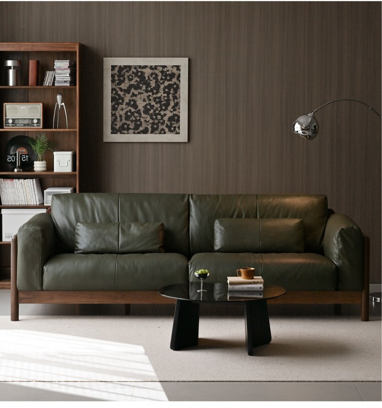 Modern Black Walnut Solid Wood Leather Sofa - Luxury Living Room Furniture for Home & Office Decor