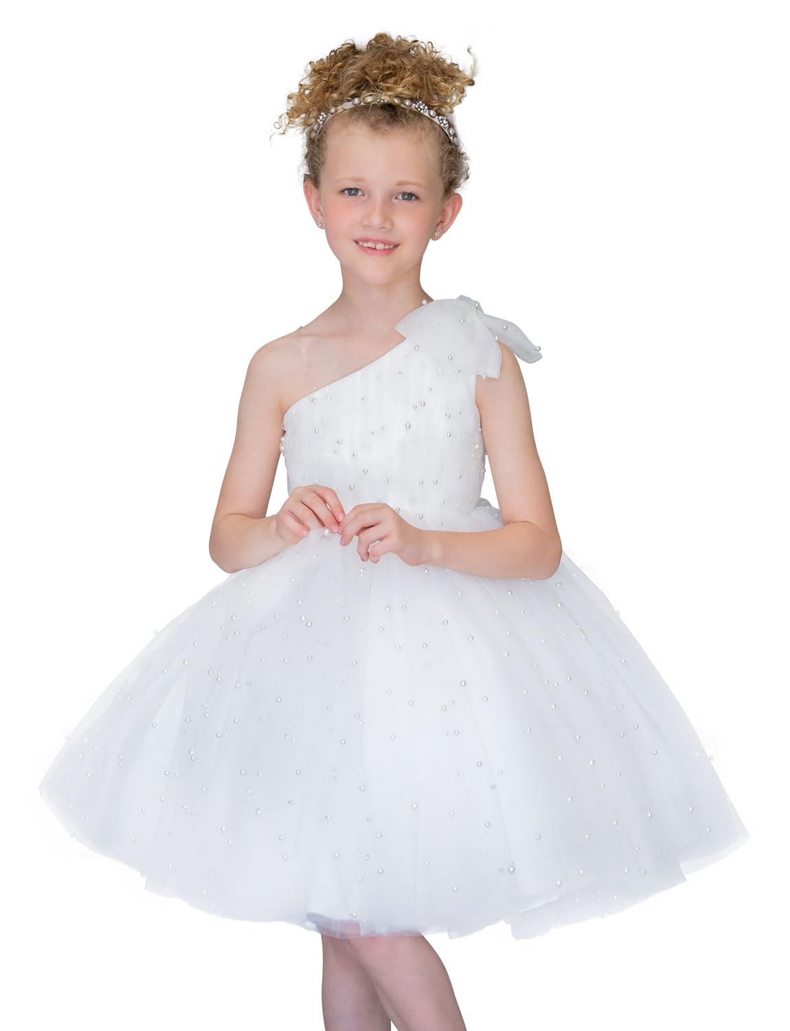 PLUVIOPHILY Girls' One Shoulder Pearl Tulle Flower Girl Dress - Elegant Princess Party Dress for Weddings, Birthday Celebrations & Special Occasions