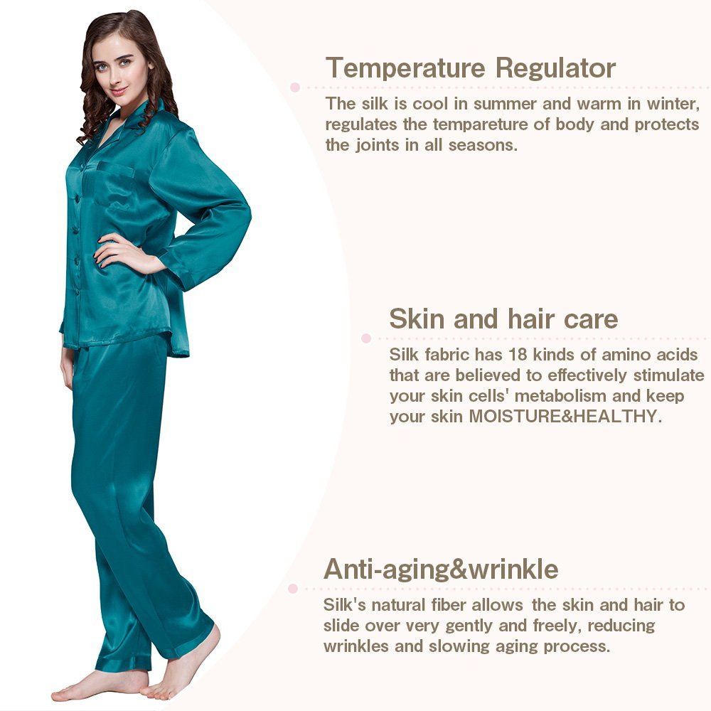 Luxury 100% Mulberry Silk Pajamas for Women - 22 Momme Pure Long Sleeve Full Length Nightwear | Soft & Breathable Sleepwear for Comfortable Nights & Relaxing at Home