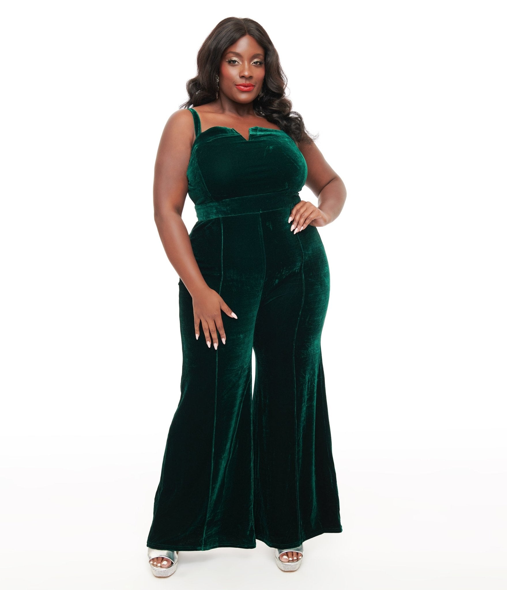 Plus Size Emerald Green Velvet Jumpsuit for Women - Elegant One Piece Romper for Curvy Ladies | Perfect for Parties, Weddings & Special Occasions