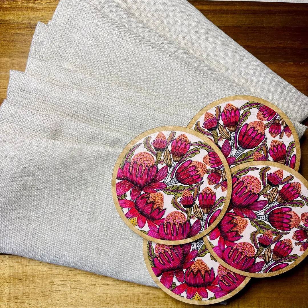 Waratah Flowers Coaster and Napkin Set - 6-Piece Floral Tableware for Dining, Kitchen, and Party Decor - Perfect for Home, Wedding, and Special Occasions