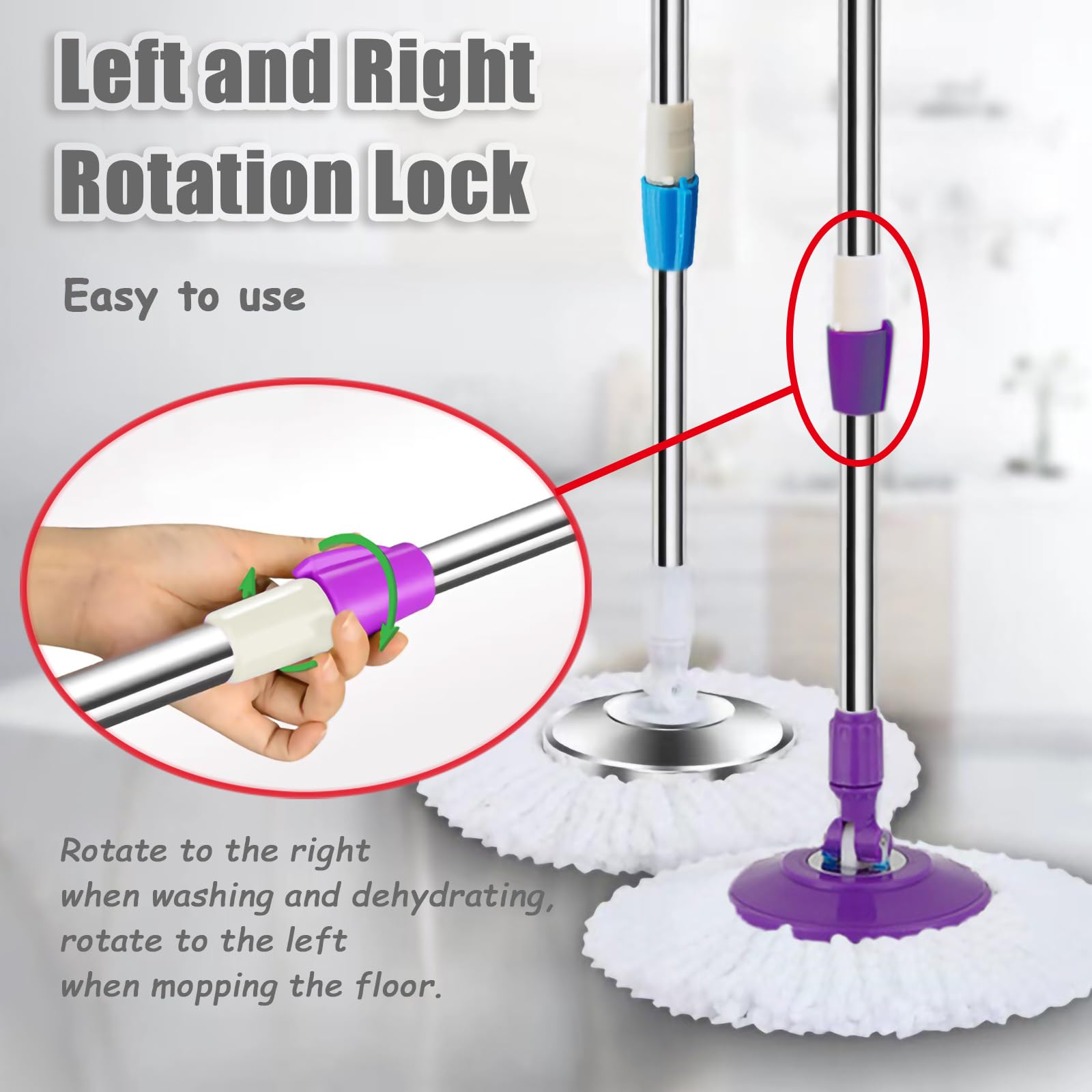 360 Degree Rotating Telescopic Spin Mop Replacement Handle - 49 Inch Stainless Steel Mop Stick for Spin Mop Bucket System (Khaki) - Perfect for Hardwood Floors, Tile & Kitchen Cleaning