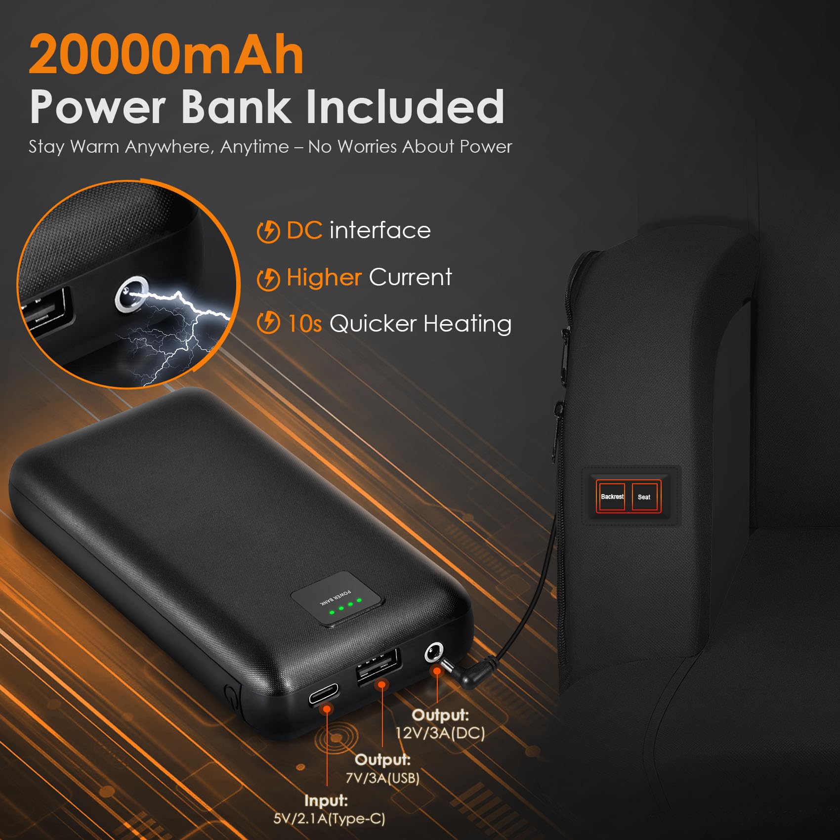 HOPERAN Dual-Sided Heated Stadium Seat with Back Support - 20000mAh Power Bank Included - 3-Level Adjustable Heating - Perfect for Football Games, Outdoor Concerts & Cold Weather Events