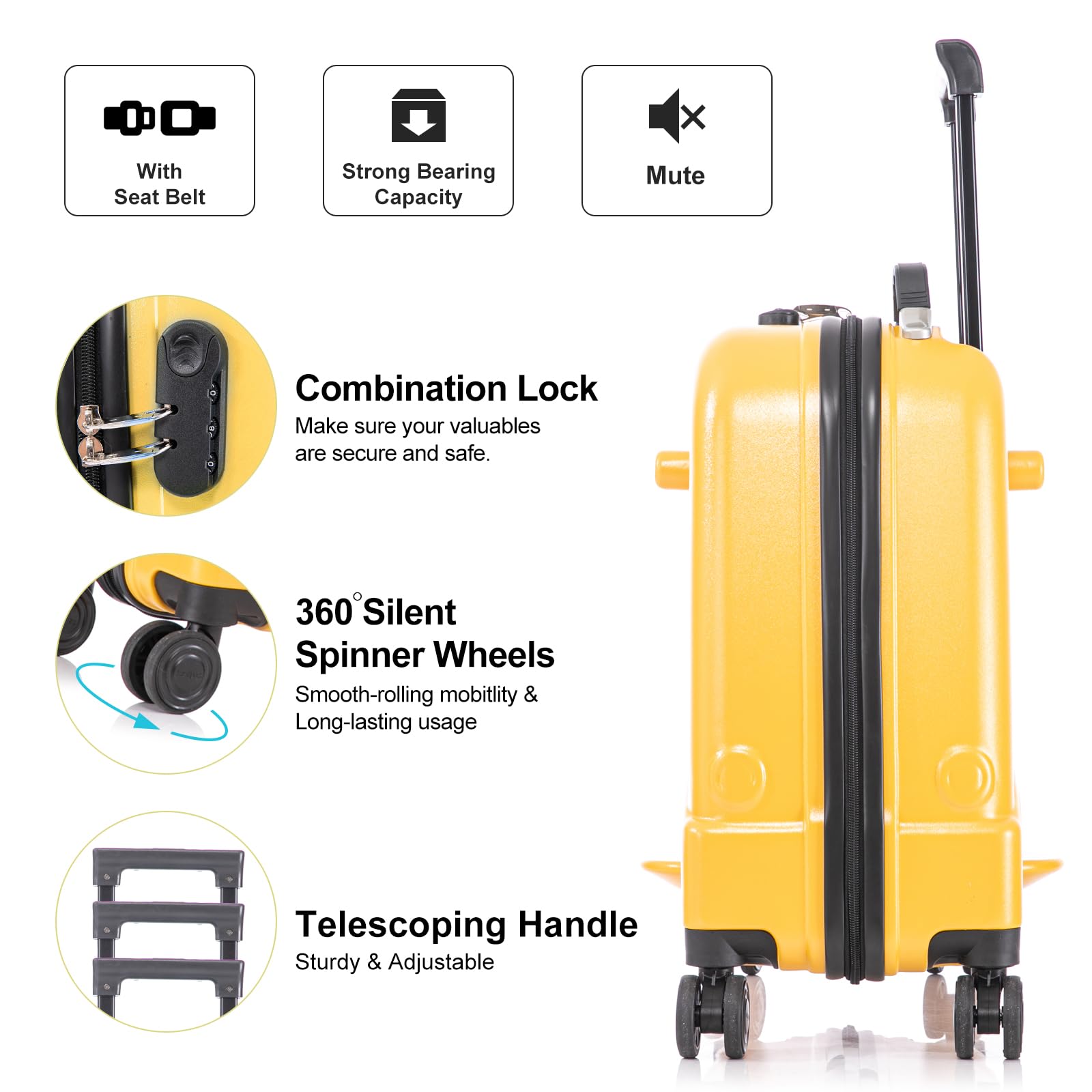 **Apelila 22 Inch Kids Ride-On Suitcase with Spinner Wheels - Lightweight Travel Luggage for Children with Combination Lock, Safety Belt & Telescoping Handle - Perfect for Airports, Vacations & School Trips (Yellow)**