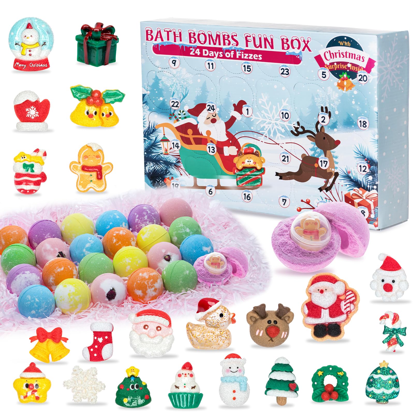 2024 Christmas Bath Bomb Advent Calendar - 24 Pack Holiday Bath Bombs for Kids with Surprise Toys Inside | Fun Bath & Body Advent Calendar Gift for Boys & Girls | Perfect for Christmas Countdown & Holiday Relaxation