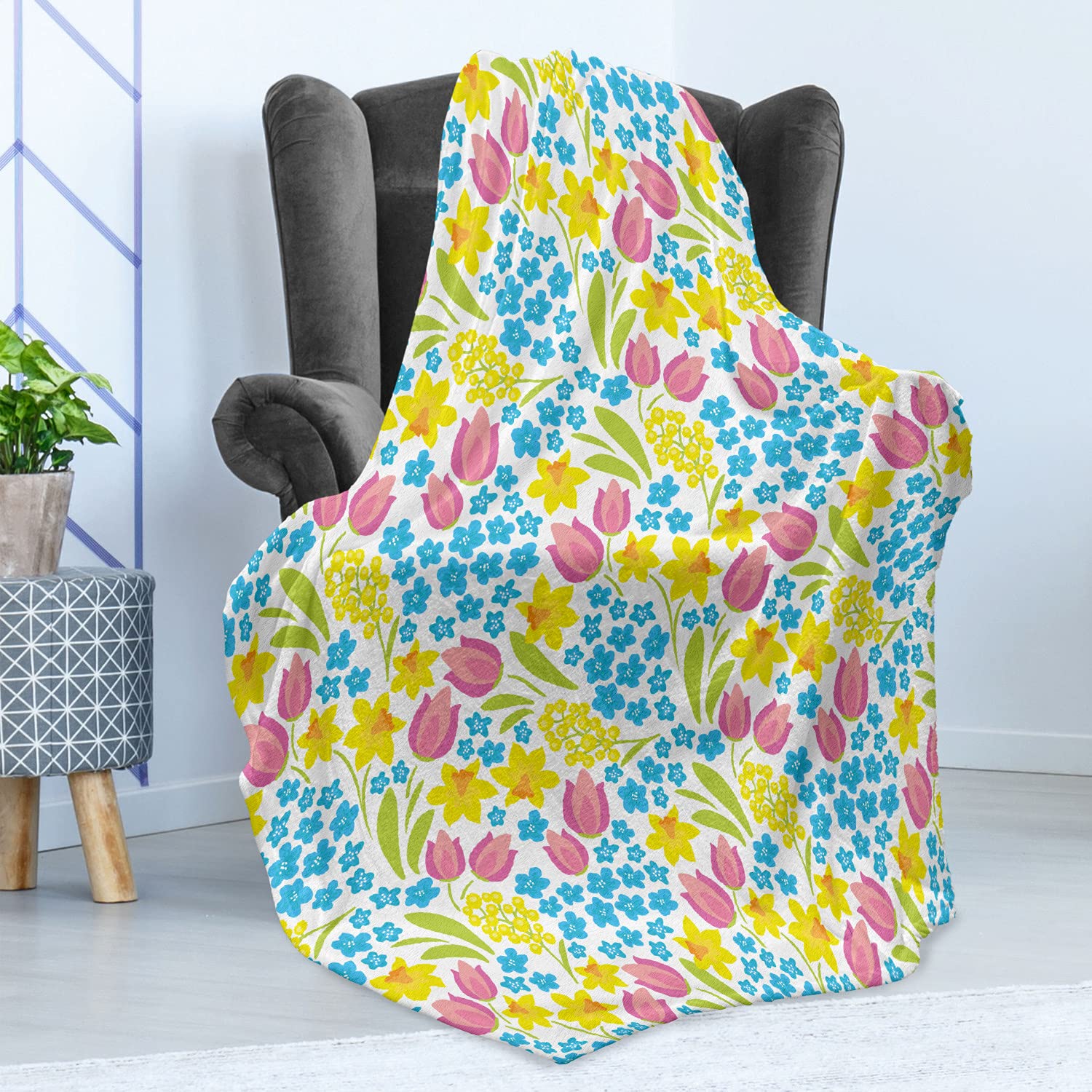 Ambesonne Floral Throw Blanket - Spring Meadow with Daffodils Tulips & Mimosas - Soft Fleece Couch Cover 70x90 Inches - White & Multicolor Accent Blanket for Living Room, Bedroom & Outdoor Picnics
