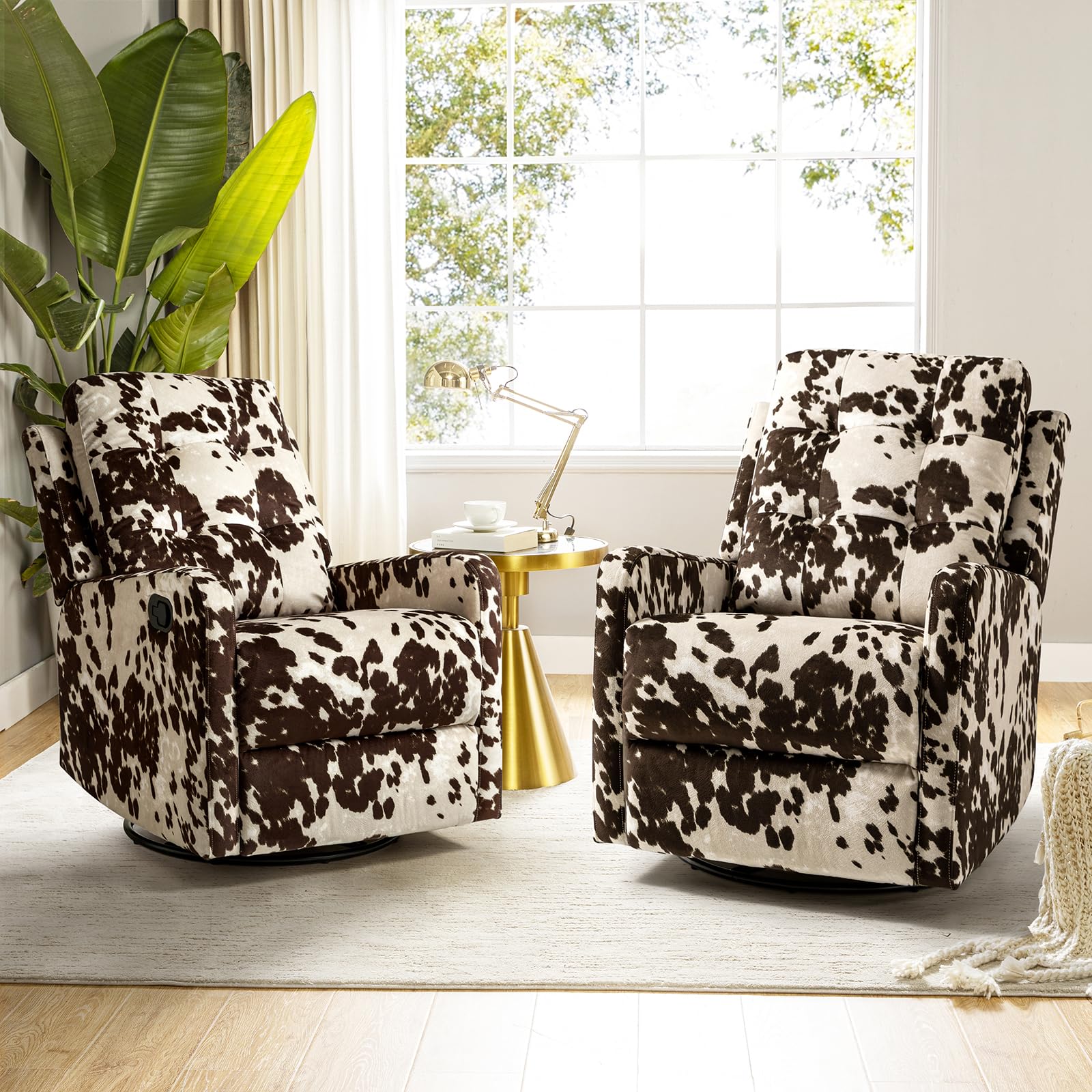 HULALA HOME 2-Piece Recliner Chair Set - Modern Printed Fabric Rocking Recliner Sofa with 360° Swivel, Adjustable Backrest & Footrest - Brown - Perfect for Living Room, Nursery, or Home Theater Relaxation