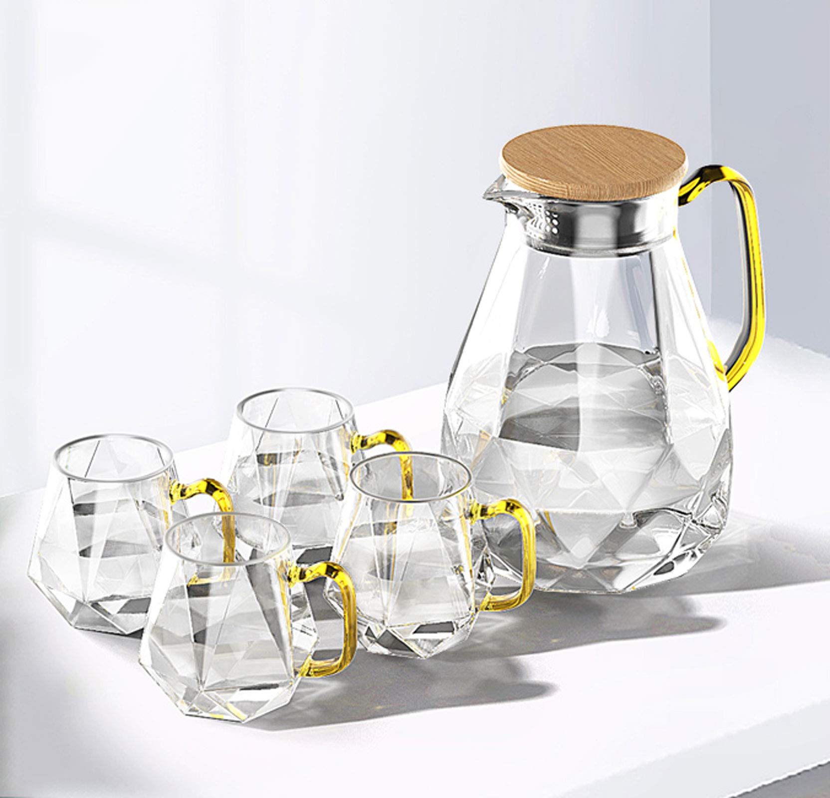 Premium Glass Water Pitcher with Built-in Filter & Wooden Lid - 1.5L Heat-Resistant Beverage Carafe for Iced Tea, Coffee, Milk, Juice - Perfect for Kitchen, Dining Table, Office & Outdoor Entertaining