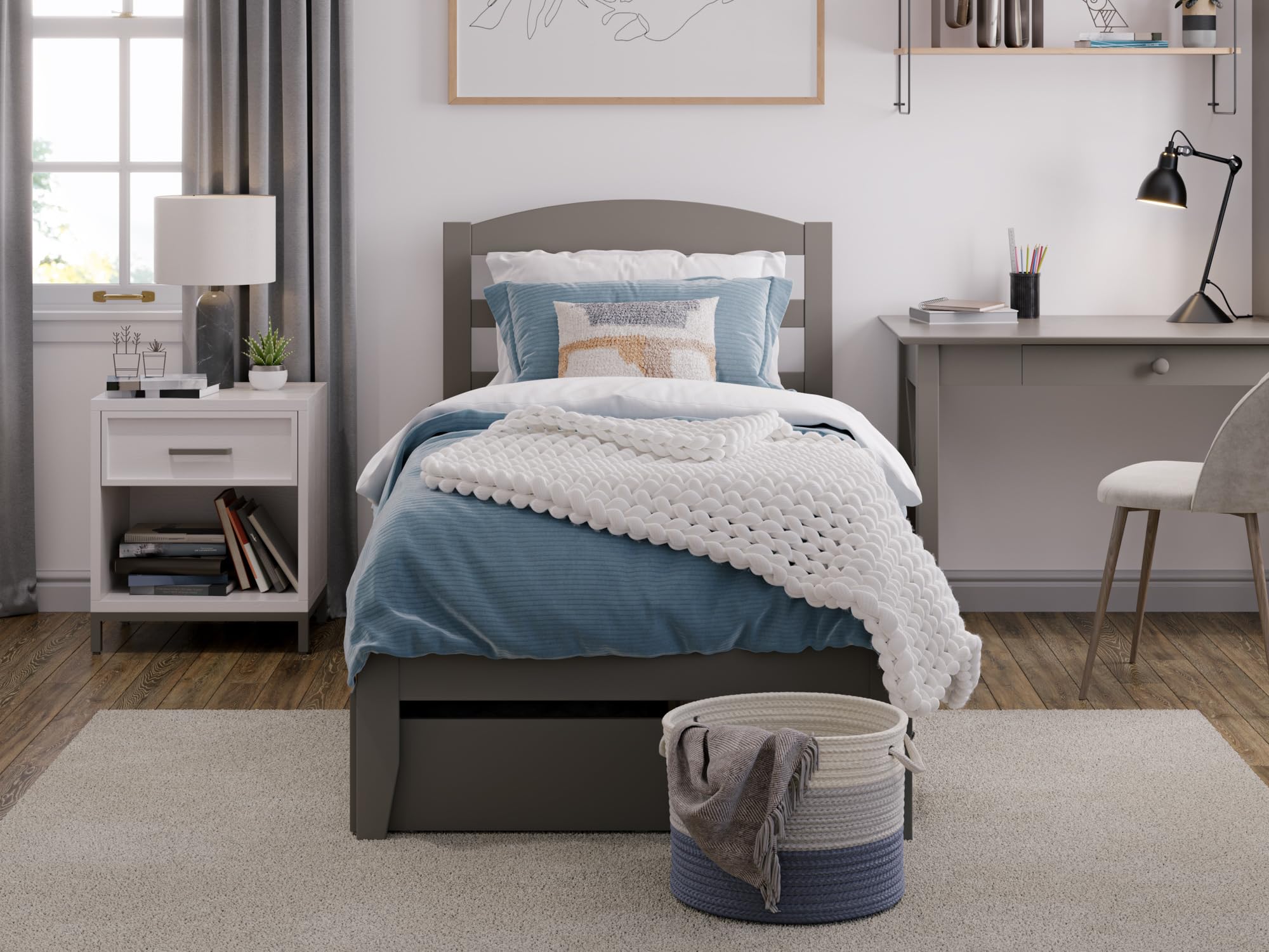 AFI Warren Twin XL Platform Bed Frame with 2 Storage Drawers & Built-in USB Charger - Space Saving Grey Bed for Small Rooms, Dorm & Guest Bedroom