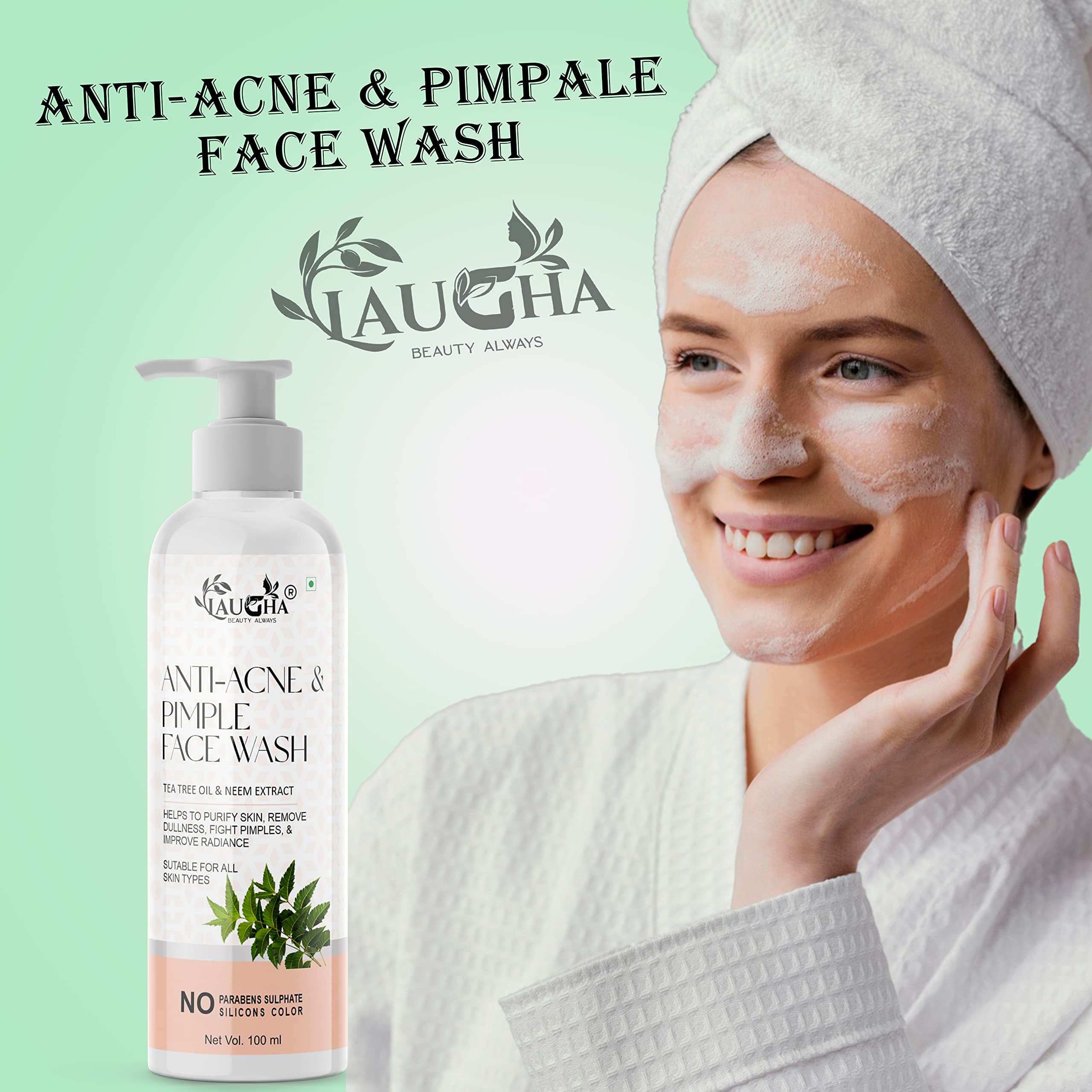 Laugha Anti Acne & Pimple Face Wash for Oily Skin - Tea Tree Oil, Neem & Aloe Vera Formula for Acne Marks Removal & Glowing Skin (Pack of 2, 200ml) | Daily Cleanser for Clear Complexion & Breakout Prevention