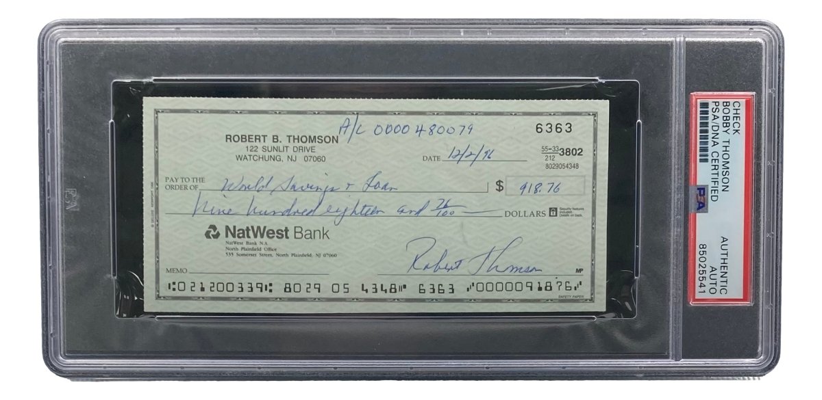 Bobby Thomson New York Giants Autographed Bank Check with PSA/DNA Certification 85025541 - Perfect for Sports Memorabilia Collectors and Baseball Fans Display