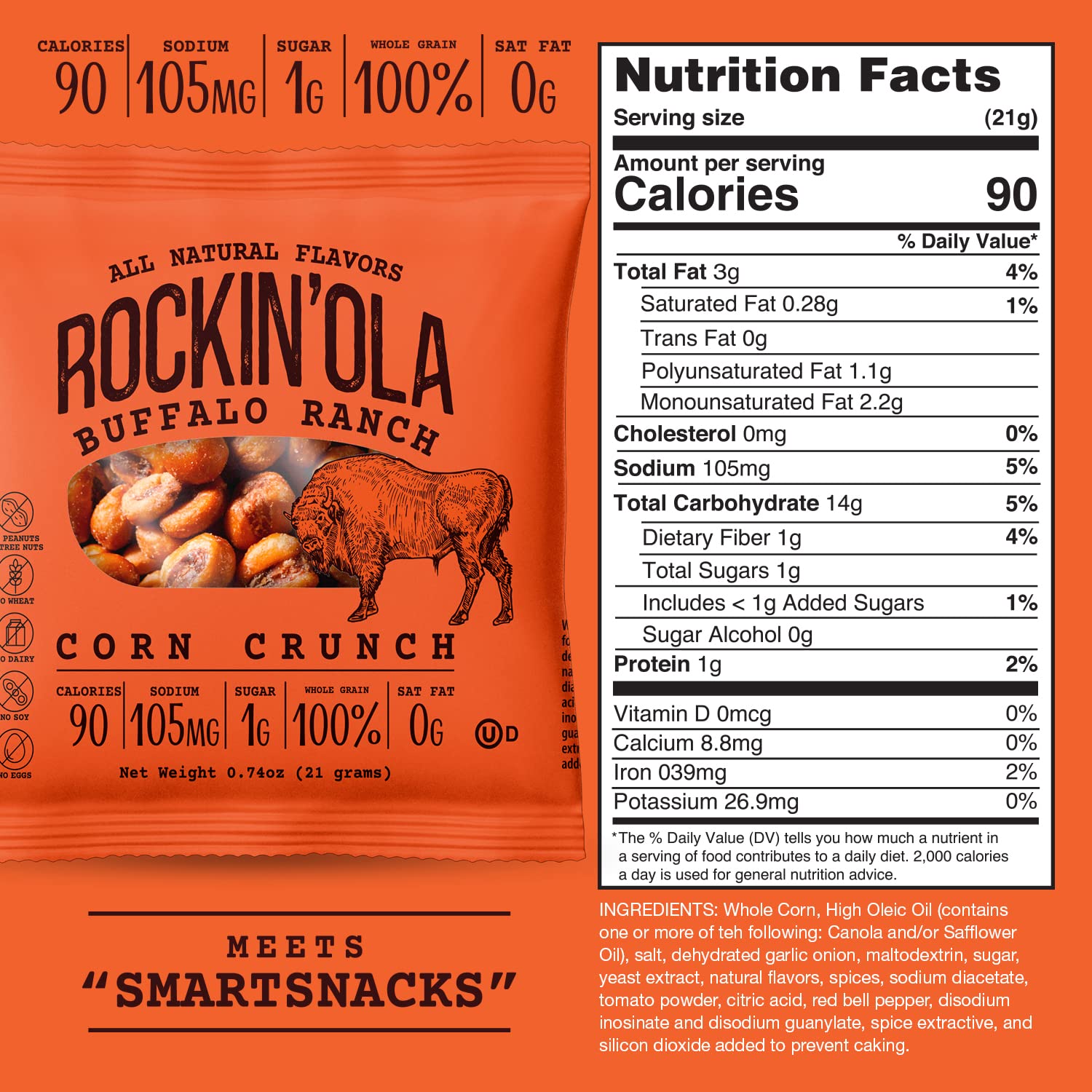 Rockin'Ola Crunchy Whole Corn Kernels Snacks - All Natural, Allergen Free, Buffalo Ranch Flavor (25 Pack) | Perfect for School Lunches, Office Snacks & On-the-Go Healthy Munching