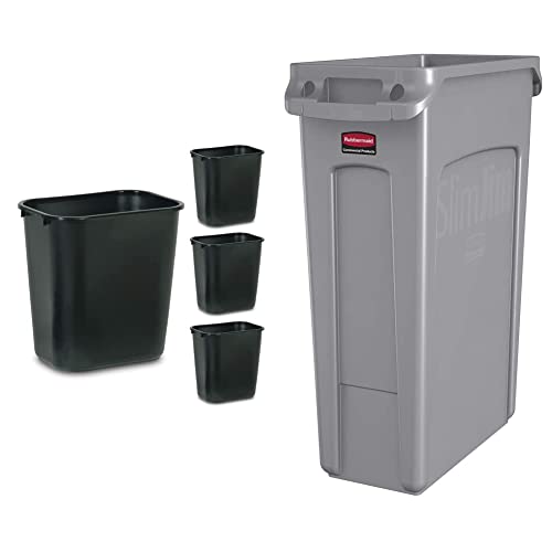 Rubbermaid Commercial 4-Pack Plastic Resin Wastebasket Trash Can - Black & Slim Jim 23 Gallon Rectangular Garbage Can with Venting Channels - Gray | Durable Office & Home Use Waste Bins for Kitchen, Bathroom & Commercial Spaces