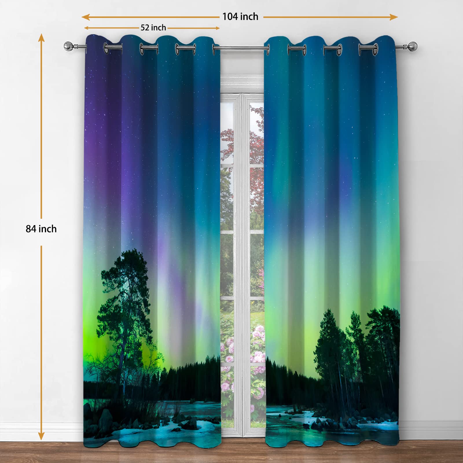 Aurora Blackout Curtains - Northern Lights Print Window Drapes with Grommet Top, 52x84 Inch 2 Panel Set for Bedroom & Living Room | Blocks Light & Noise, Perfect for Shift Workers & Light Sleepers