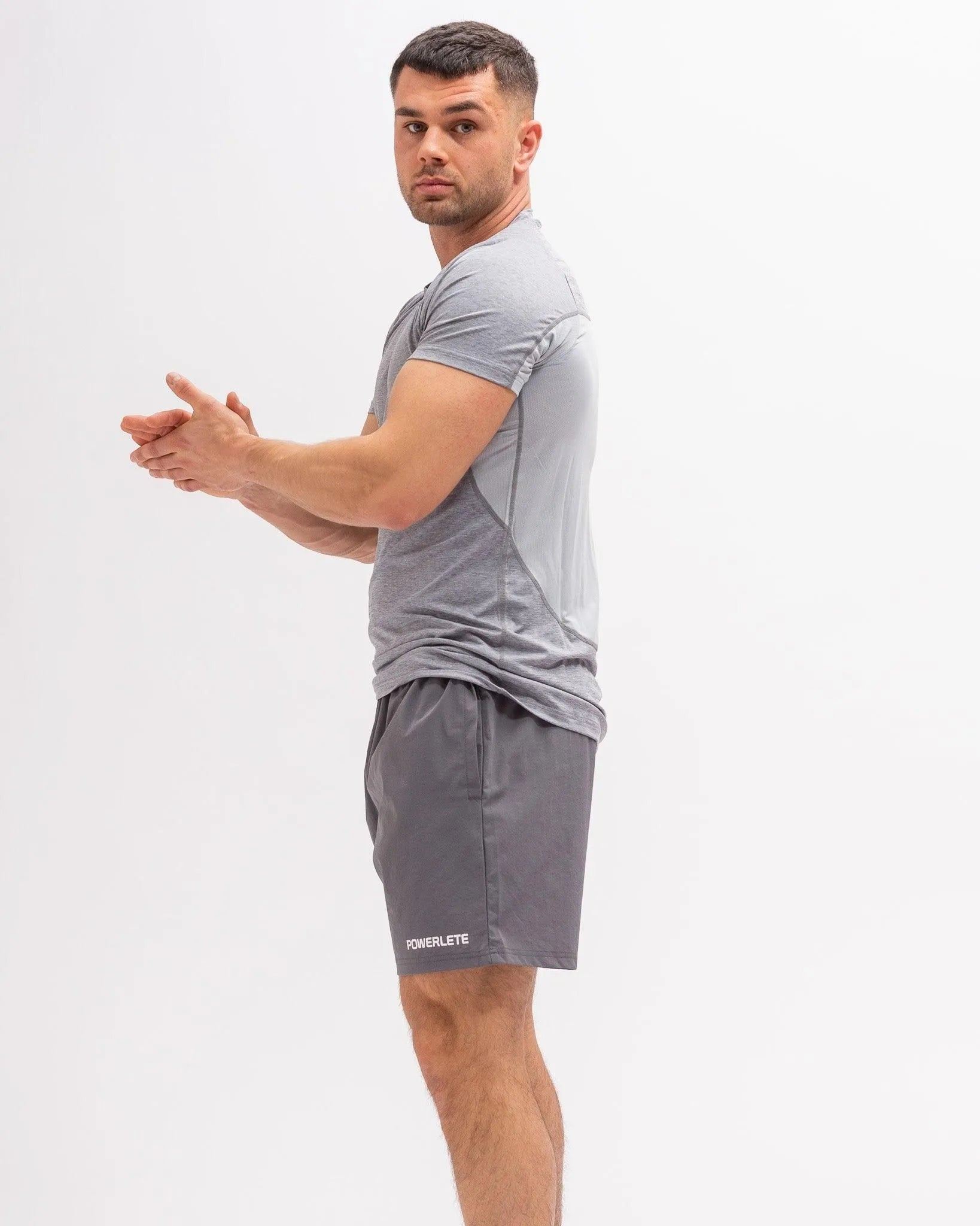 Powerlete Evolve Men's Workout Shorts - Lightweight, Breathable Gym Shorts for Running, Training & Fitness - Grey Athletic Shorts for Men