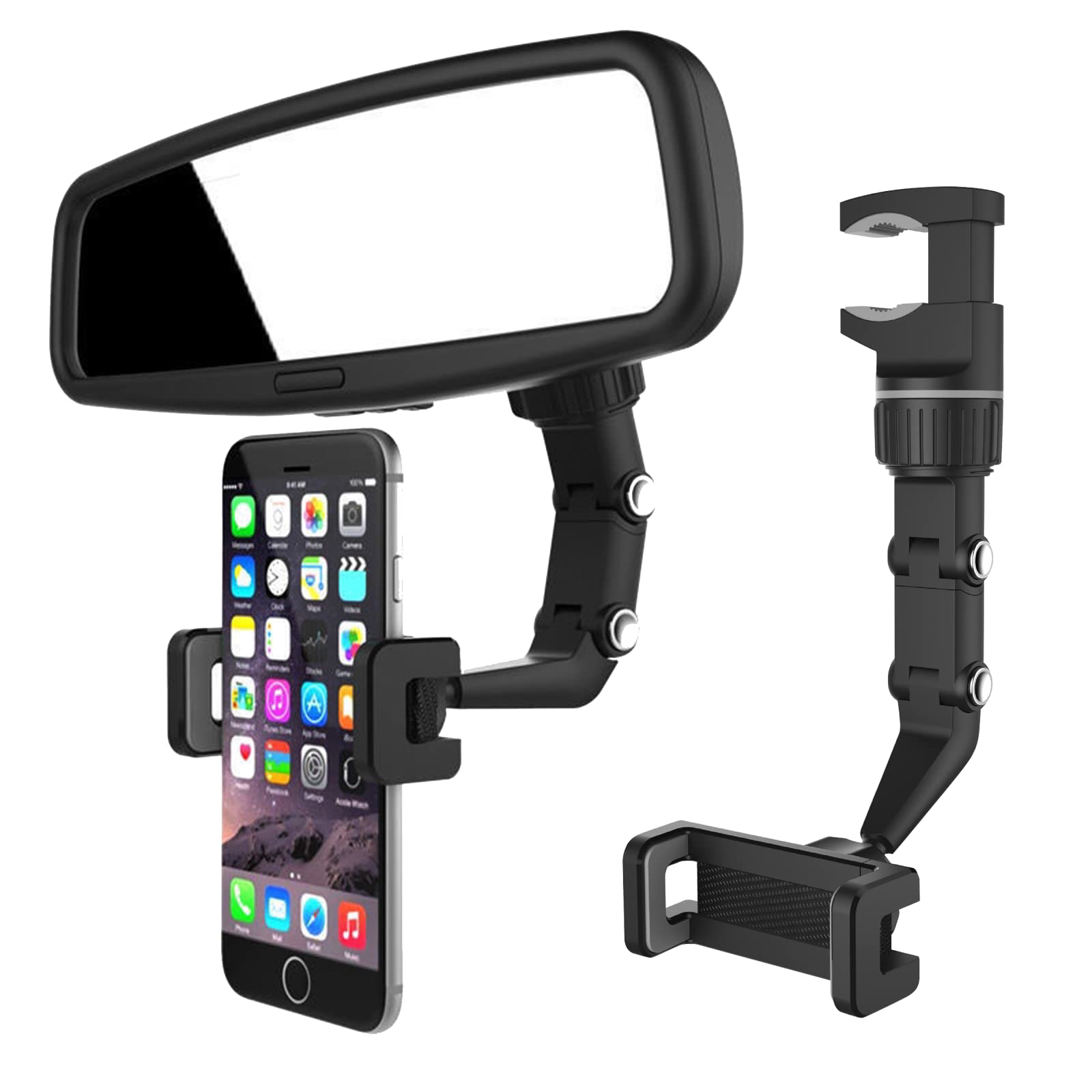 MuiSci 360° Rotating Car Phone Holder - Retractable Rearview Mirror Phone Mount, Dashboard & GPS Stand for iPhone, Samsung, All Smartphones - Perfect for Driving, Navigation & Hands-Free Calls (Black)