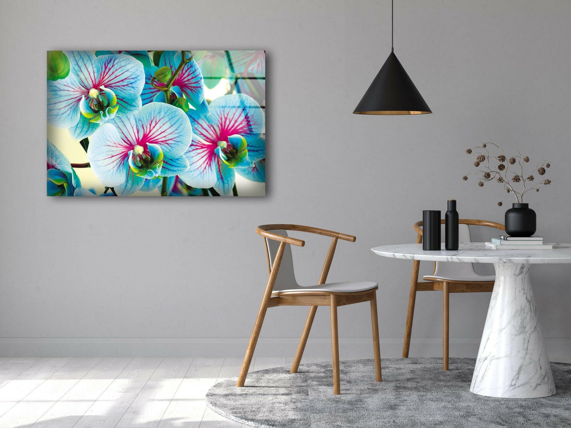 Blue & Pink Orchids Glass Wall Art - Elegant Floral Decor for Living Room, Bedroom & Office
