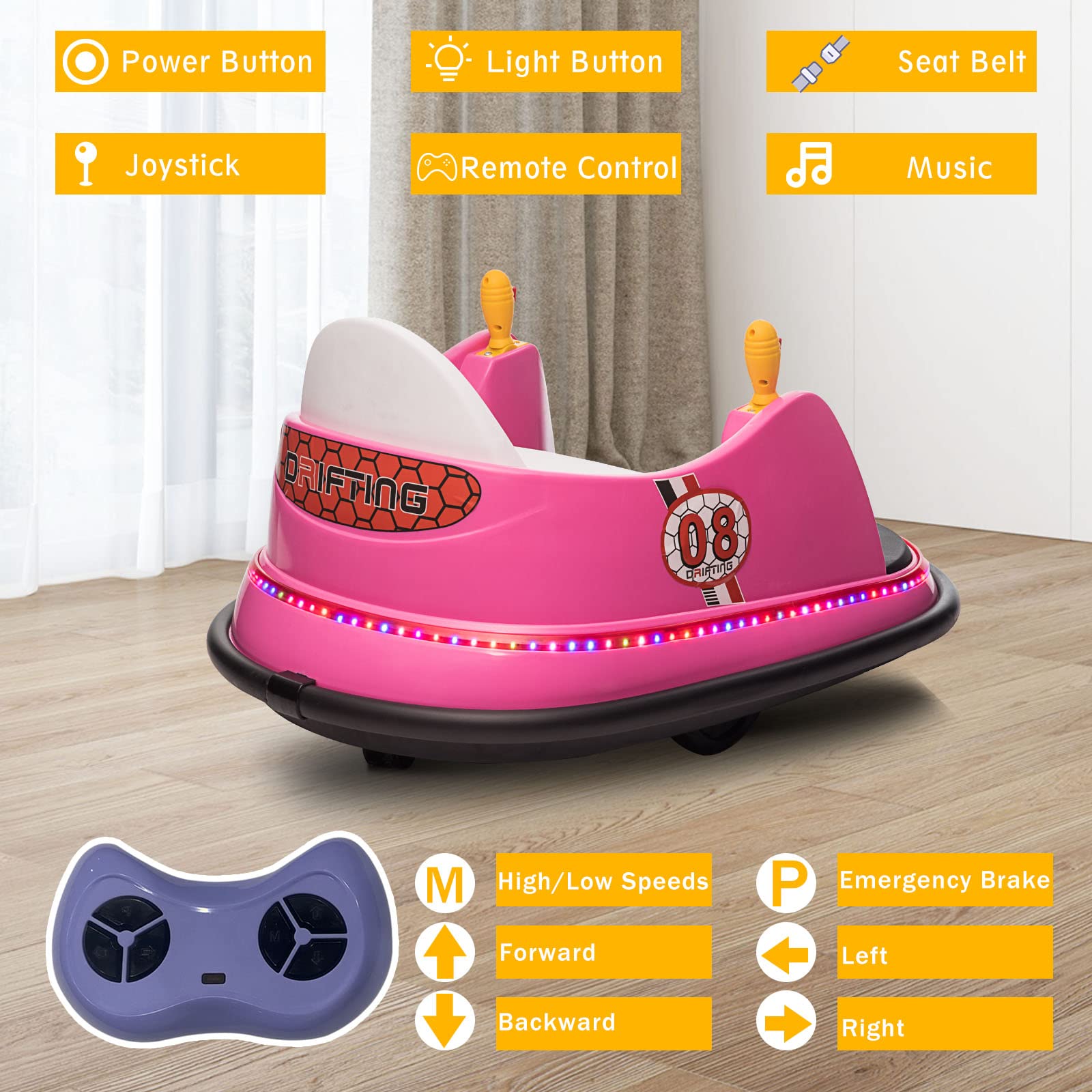 **6V Battery Powered Kids Ride on Bumper Car with Remote Control - Electric Toy Vehicle with Music, Safety Belt, LED Lights & 360° Spin - Perfect for Indoor/Outdoor Play - Ideal Gift for Boys & Girls (Pink)**