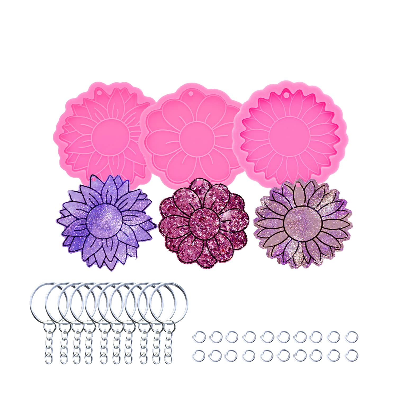 AMZTOART 3-Piece Sunflower Silicone Mold Set for Resin Art, Epoxy Crafts, DIY Keychains - Includes 10 Key Rings - Perfect for Candy, Fondant, Chocolate & Cake Decorations (DY0761+DY1062+DY1063+PJ) - Ideal for Home Decor, Gift Making & Baking Projects