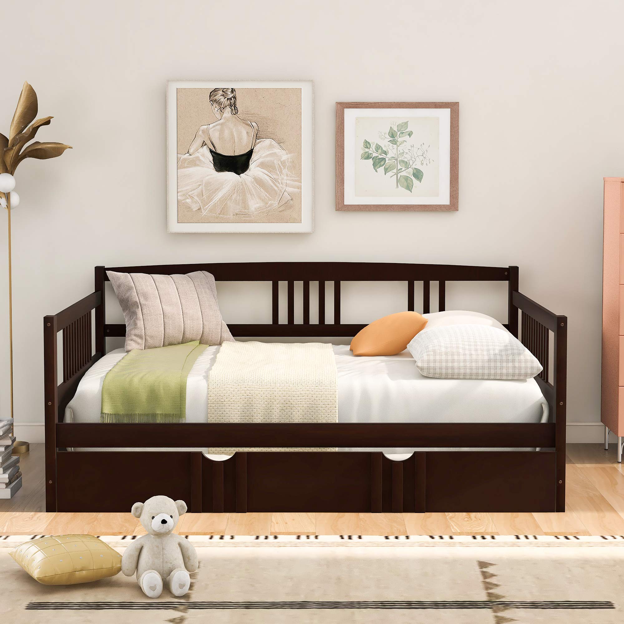 Full Size Wooden Daybed with Twin Trundle - 10 Wooden Slats Support, No Box Spring Needed (Espresso Finish) - Perfect for Guest Rooms, Dormitories & Small Space Living