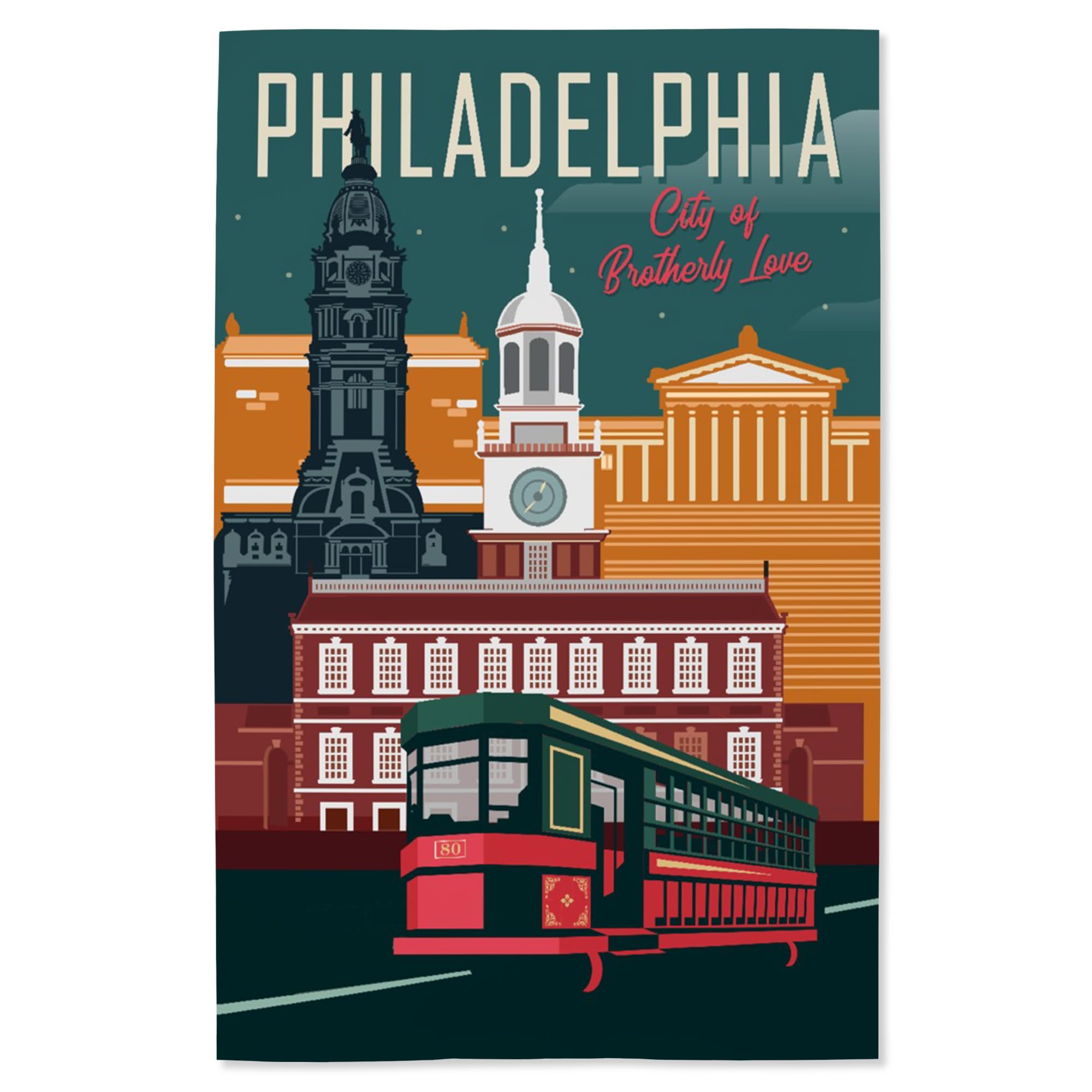 16x24 Inch Giclee Print of Philadelphia Pennsylvania - City of Brotherly Love with Vector Art Trolley - Perfect for Home Decor, Office Wall Art & Gift Ideas