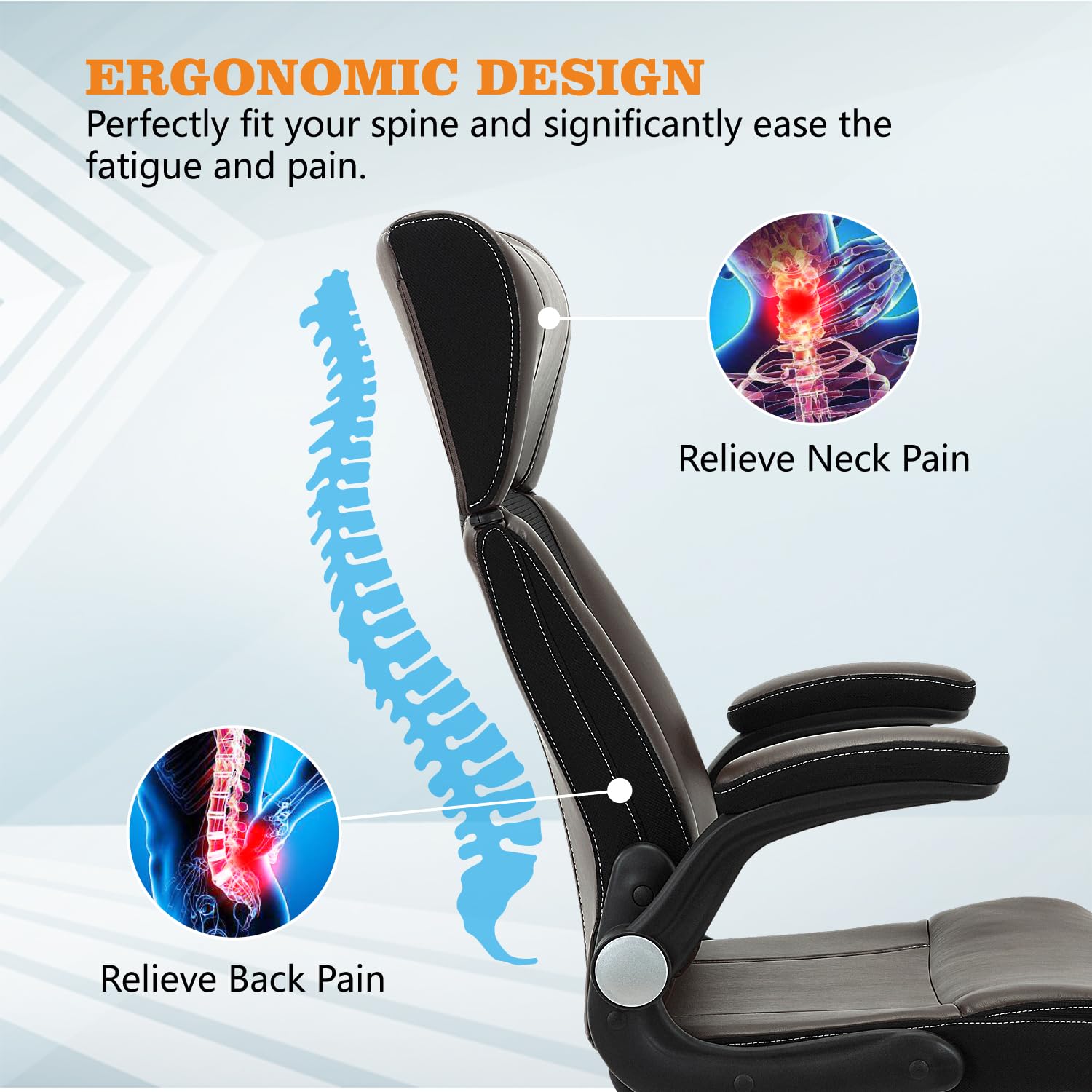 Ergonomic Home Office Chair with Adjustable Lumbar Support & Headrest - PU Leather Executive Desk Chair for Computer Work, Gaming & Study - Height Adjustable with Armrests - Perfect for Remote Work & Online Classes (Brown)