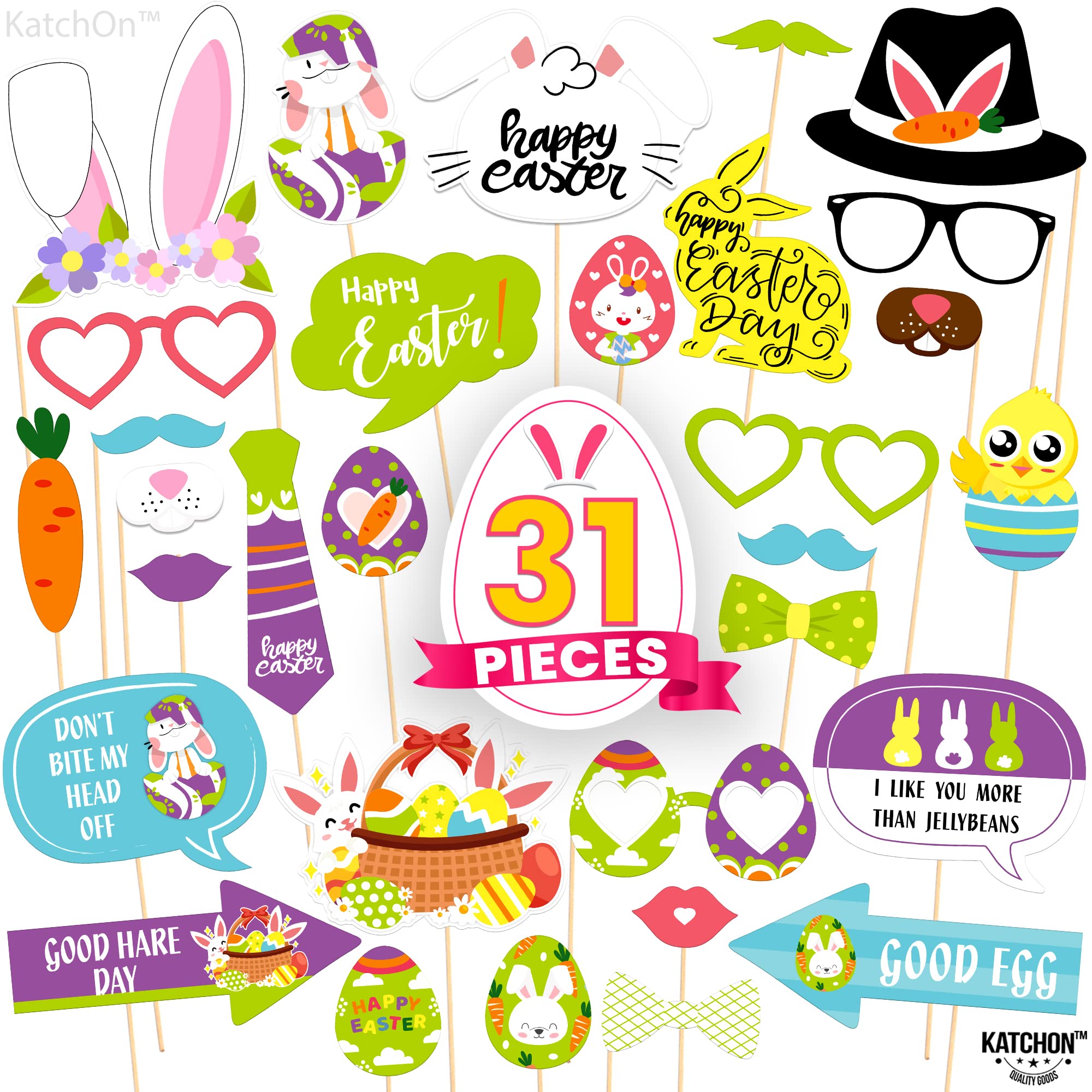 KatchOn Happy Easter Photo Booth Props - 31-Piece Set for Easter Photoshoot & Spring Party Decor | Easter Photography Backdrops, Bunny Ears & Themed Signs | Perfect for Easter Egg Hunts, Family Photos & Spring Celebrations