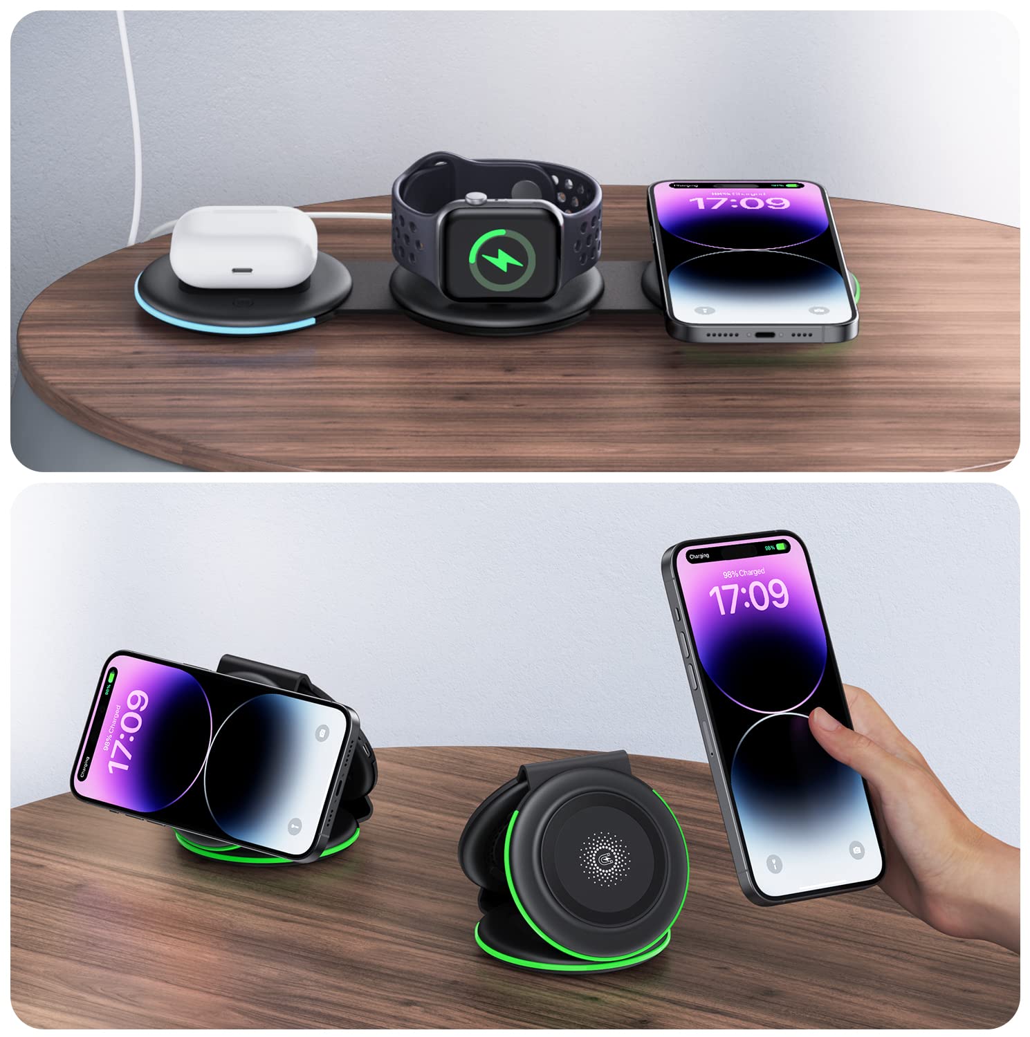 GUSGU 3-in-1 Wireless Charging Station with MagSafe | Fast Charger for iPhone 14/13/Pro Max/Plus, Apple Watch & AirPods | Portable Travel Charger with Storage Bag & Adapter | Perfect for Home, Office & Travel Use