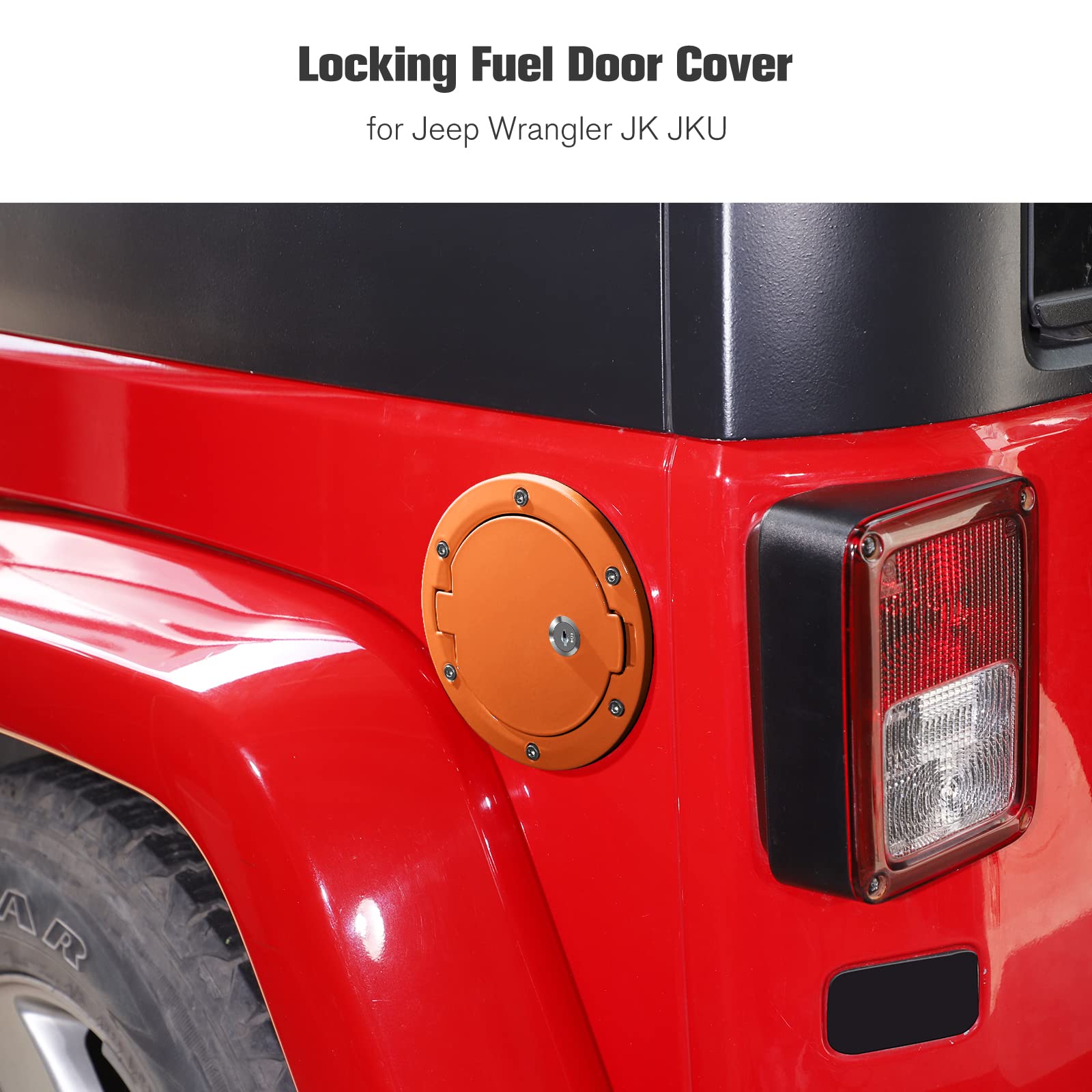 JeCar Fuel Filler Door Locking Gas Cap Cover - Orange Exterior Accessory for 2007-2018 Jeep Wrangler JK & Unlimited Models | Secure Gas Tank Protection for Off-Road Adventures & Parking Safety