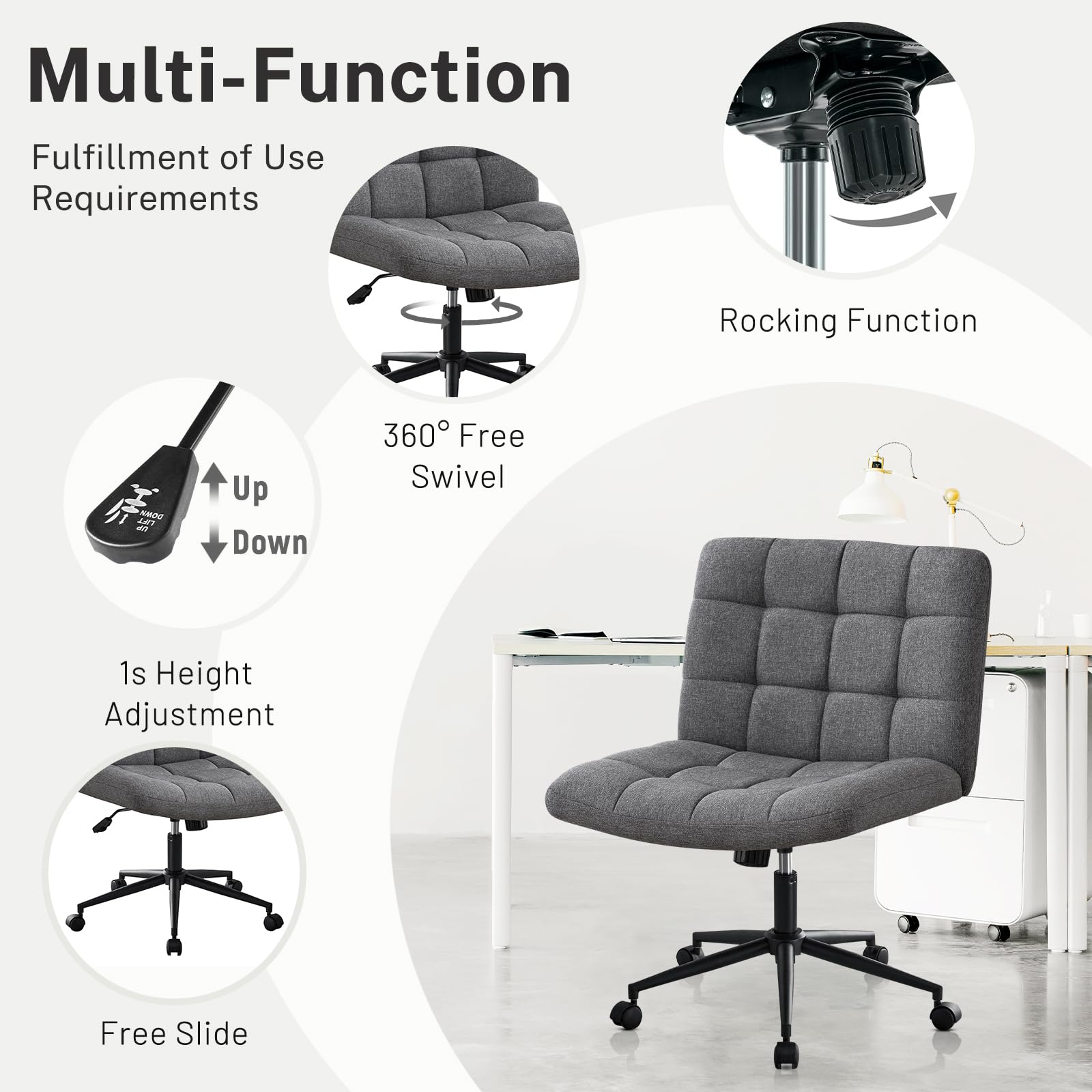 Furniliving Armless Office Desk Chair - Adjustable Swivel Chair with 360° Wheels & Linen Fabric Padding, Wide Criss Cross Base for Home Office, Living Room or Bedroom - Dark Grey - Perfect for Small Spaces & Modern Workspaces